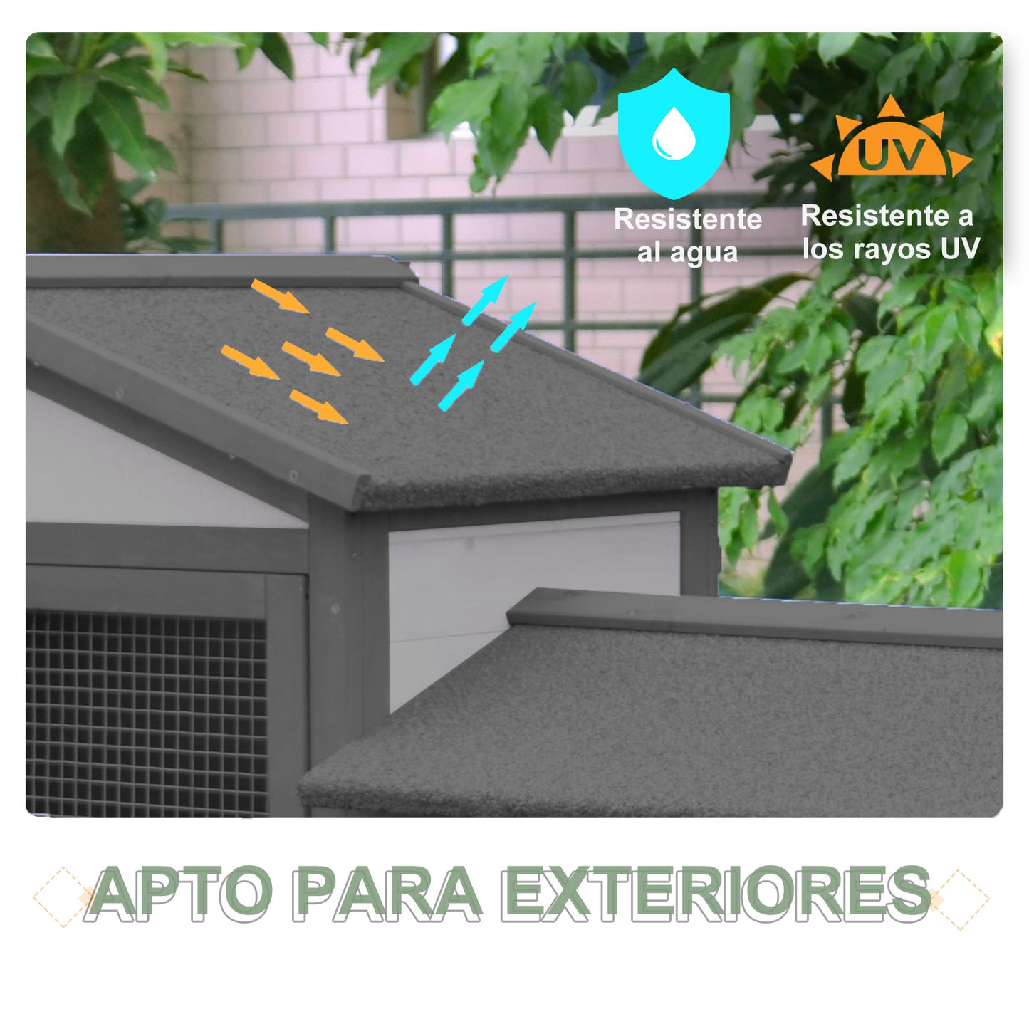 PawHut Conejera Madera de Exterior Jaula para Conejo con Bandeja Extraíble Rampa Antideslizante Incorporadas Puertas Gran Espacio de Actividades 147x54x84 cm Gris