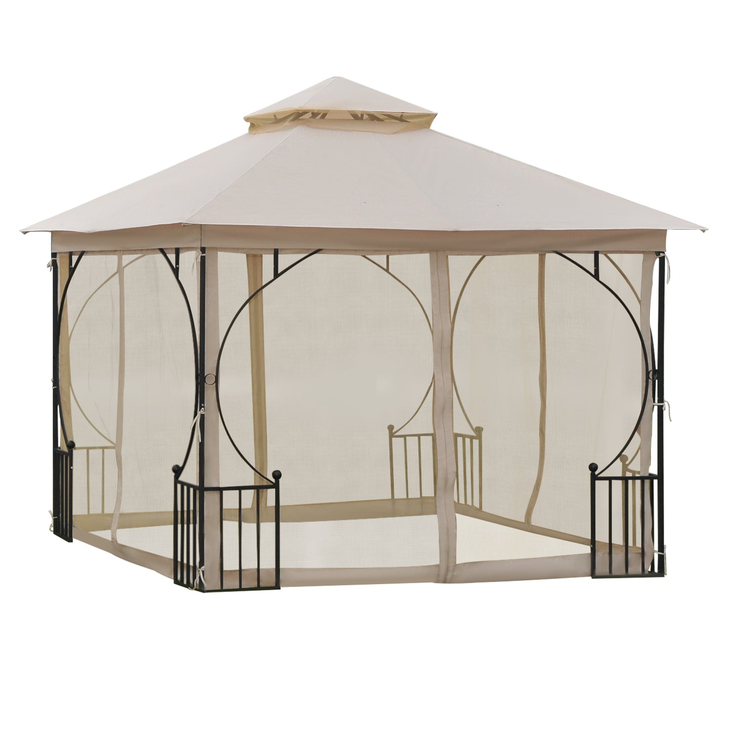 Outsunny Cenador de Jardín 3x3 m Gazebo con 4 Cortinas Laterales de Cremallera y Doble Techo con 8 Orificios de Drenaje Estilo Moderno para Patio Aire Libre Beige