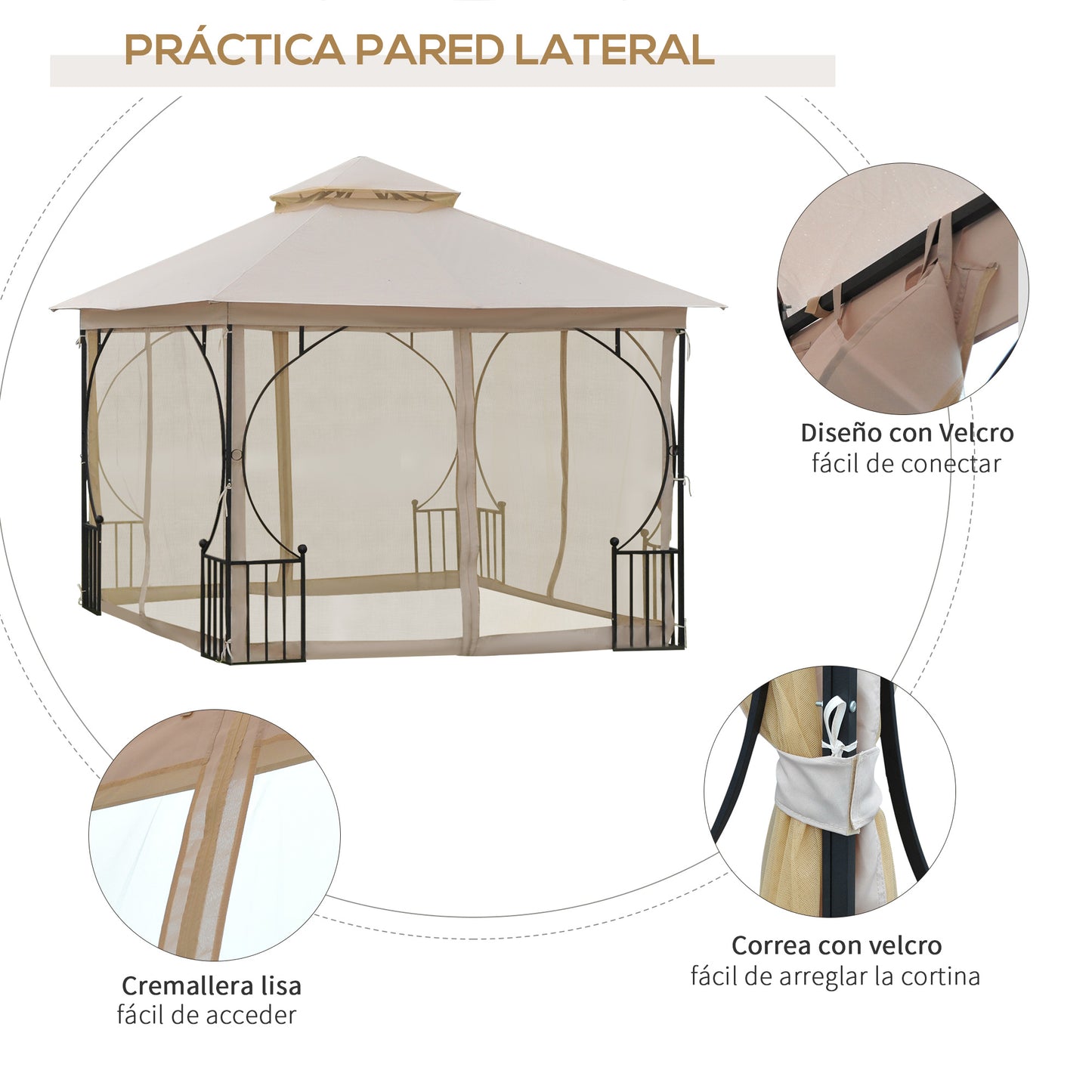 Outsunny Cenador de Jardín 3x3 m Gazebo con 4 Cortinas Laterales de Cremallera y Doble Techo con 8 Orificios de Drenaje Estilo Moderno para Patio Aire Libre Beige