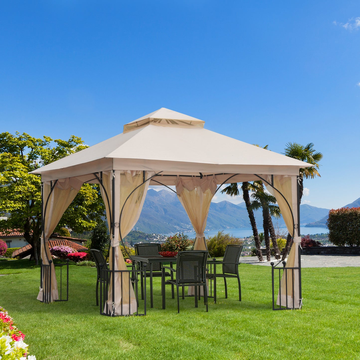 Outsunny Cenador de Jardín 3x3 m Gazebo con 4 Cortinas Laterales de Cremallera y Doble Techo con 8 Orificios de Drenaje Estilo Moderno para Patio Aire Libre Beige