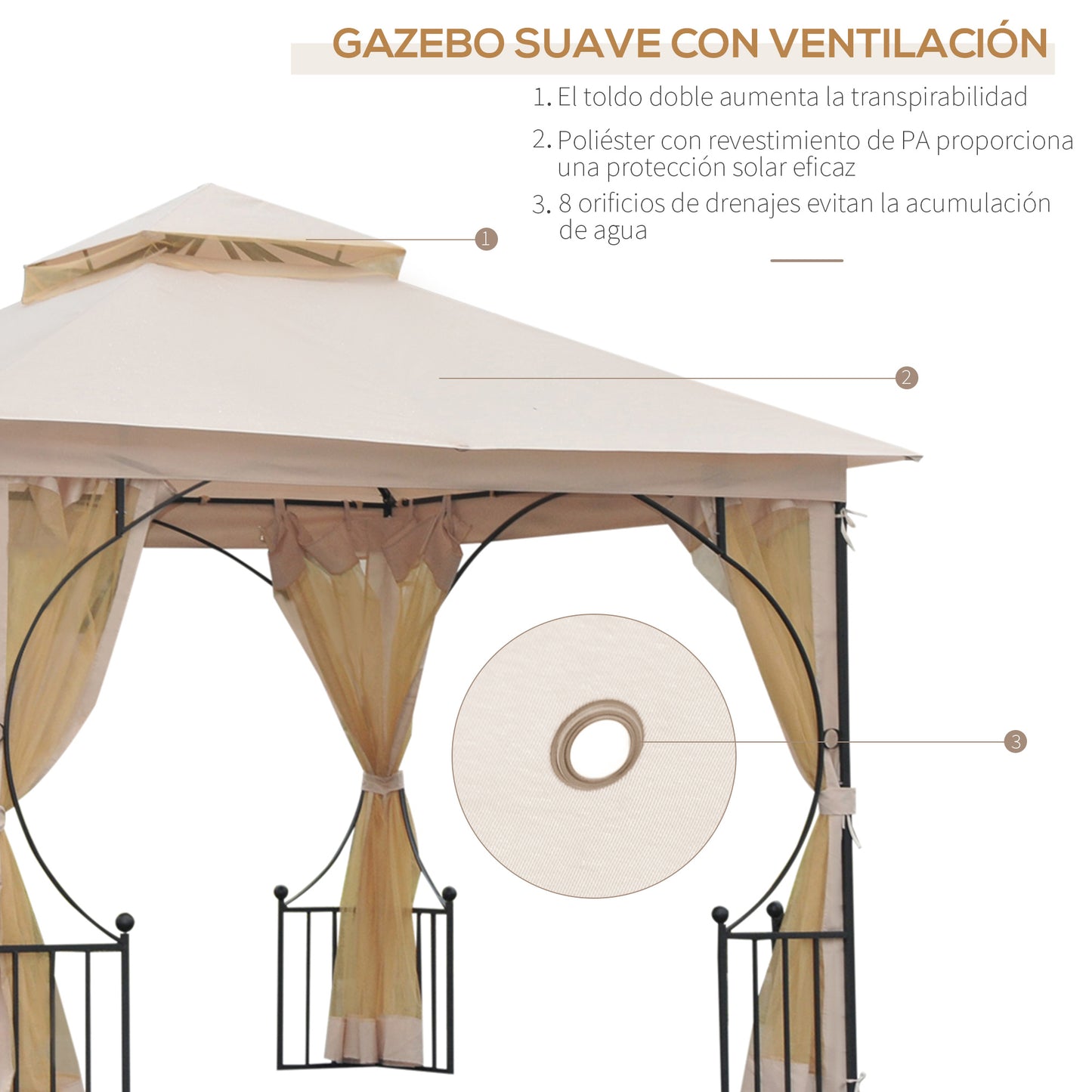 Outsunny Cenador de Jardín 3x3 m Gazebo con 4 Cortinas Laterales de Cremallera y Doble Techo con 8 Orificios de Drenaje Estilo Moderno para Patio Aire Libre Beige