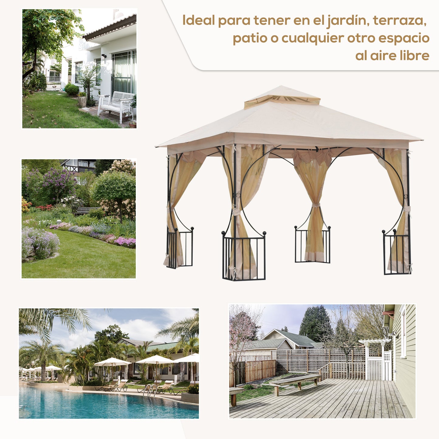 Outsunny Cenador de Jardín 3x3 m Gazebo con 4 Cortinas Laterales de Cremallera y Doble Techo con 8 Orificios de Drenaje Estilo Moderno para Patio Aire Libre Beige