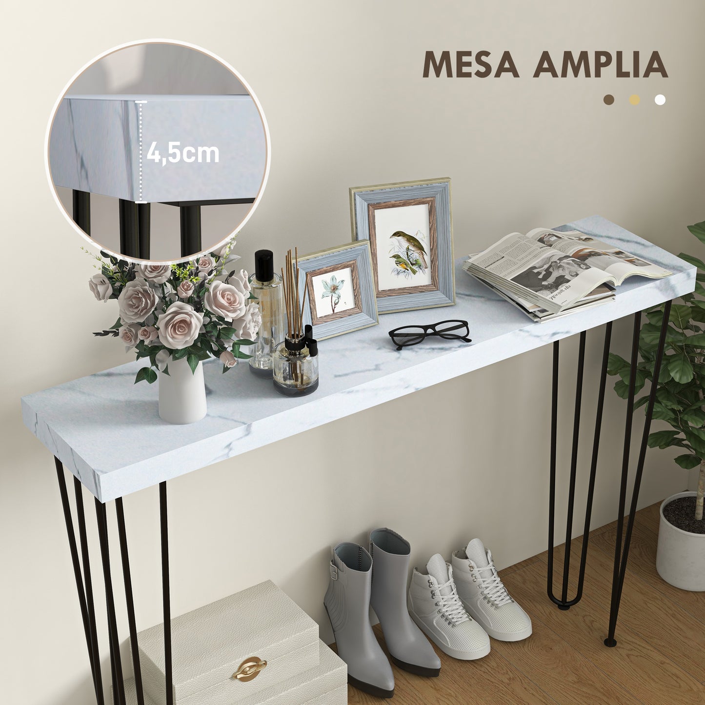 HOMCOM Mesa Consola Moderna Mesa de Entrada con Patas de Acero Antivuelco Mueble de Recibidor para Salón Pasillo 110x25x79,5 cm Blanco