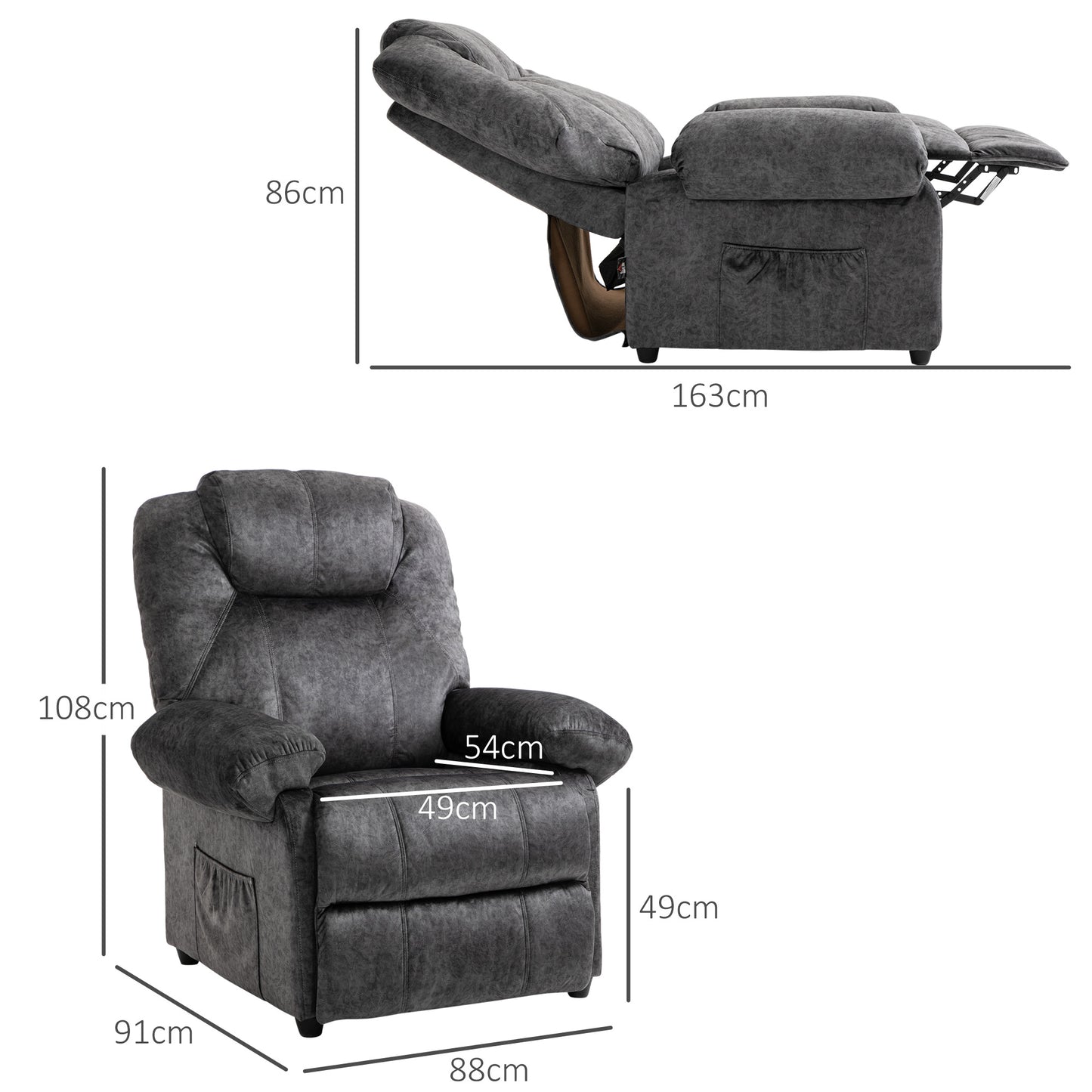 HOMCOM Sillón Relax Reclinable Manual Tapizado en Terciopelo Acolchado Sillón de Relax Descanso con Reposapiés Retráctil y Bolsillos Laterales para Salón Oficina Dormitorio 88x91x108 cm Negro