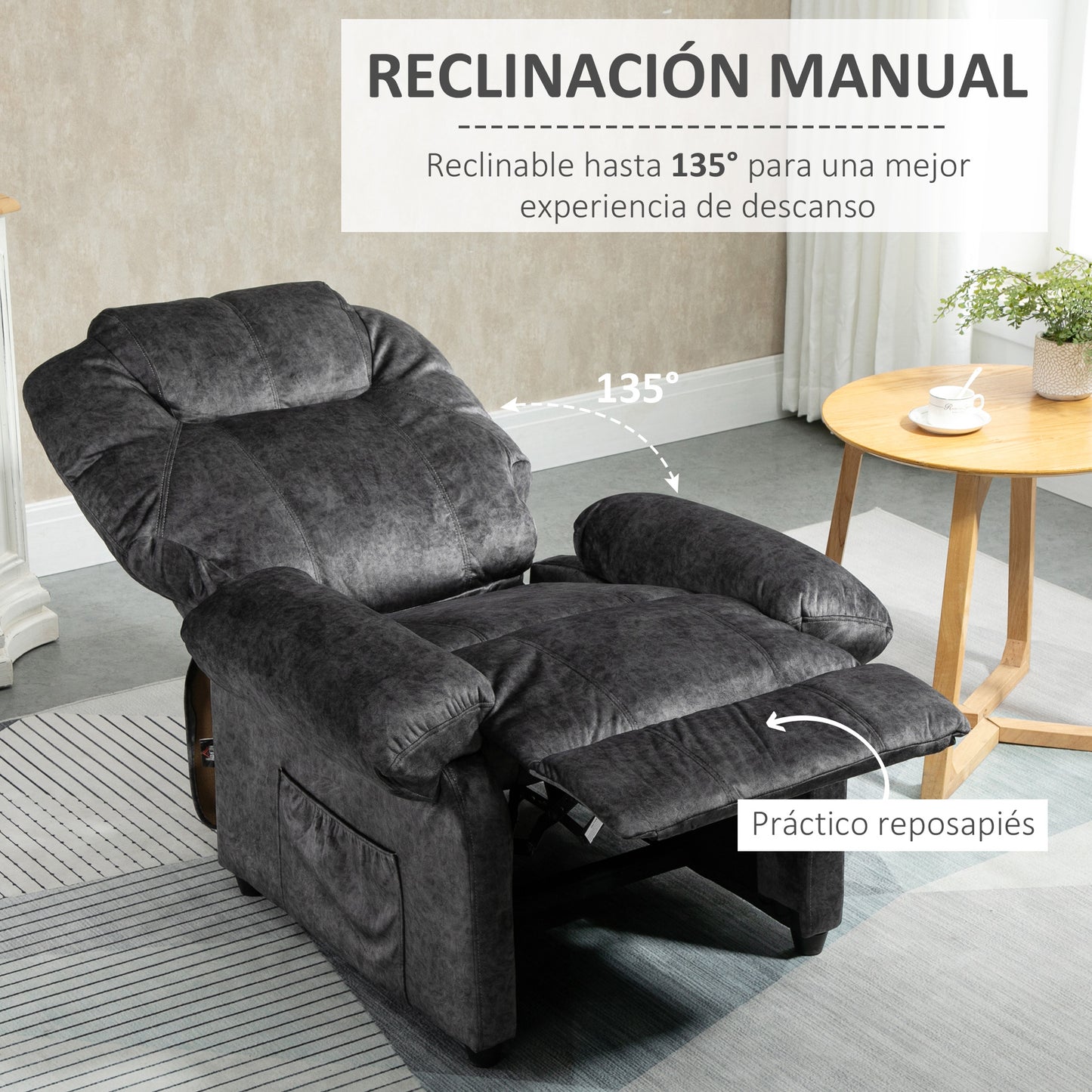 HOMCOM Sillón Relax Reclinable Manual Tapizado en Terciopelo Acolchado Sillón de Relax Descanso con Reposapiés Retráctil y Bolsillos Laterales para Salón Oficina Dormitorio 88x91x108 cm Negro