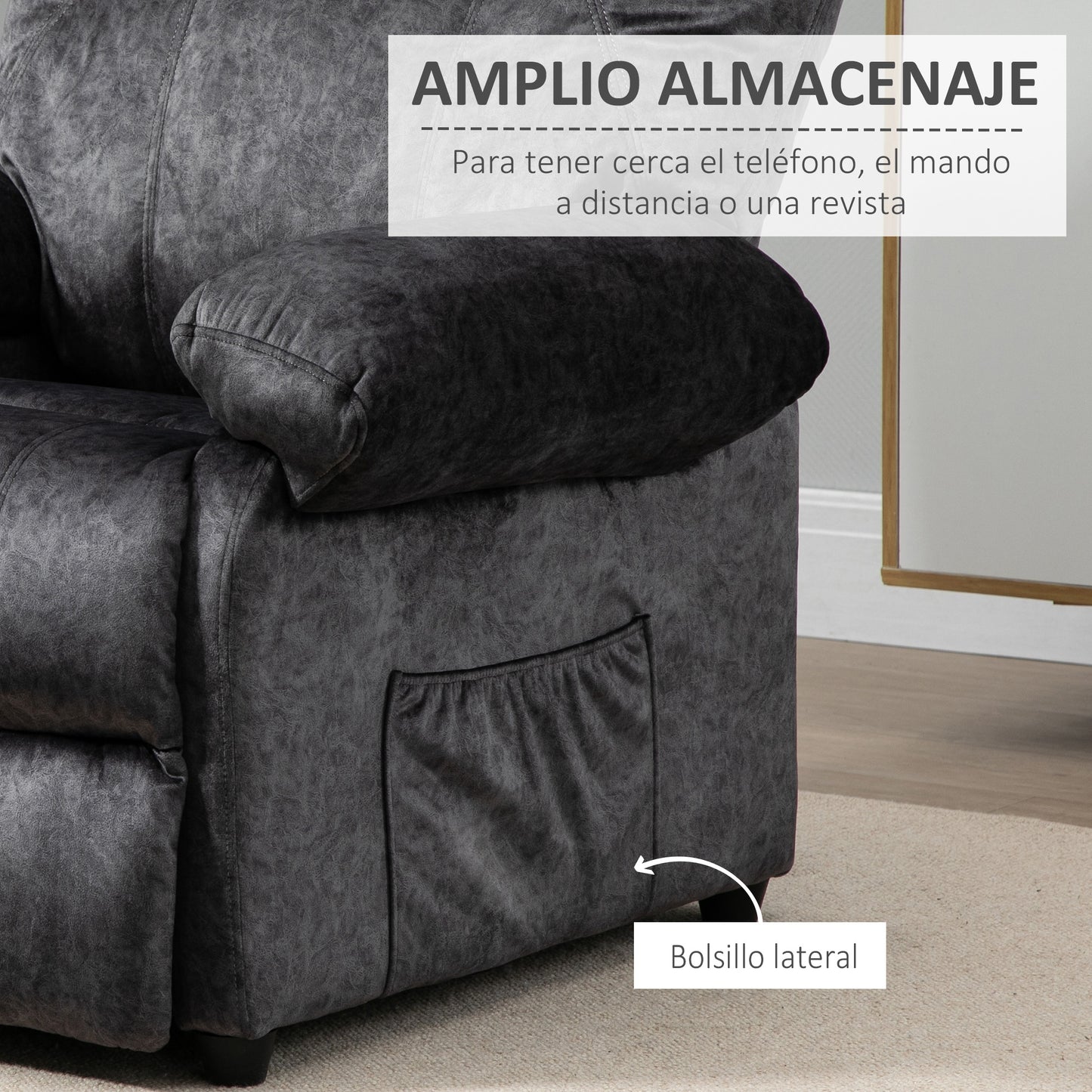 HOMCOM Sillón Relax Reclinable Manual Tapizado en Terciopelo Acolchado Sillón de Relax Descanso con Reposapiés Retráctil y Bolsillos Laterales para Salón Oficina Dormitorio 88x91x108 cm Negro