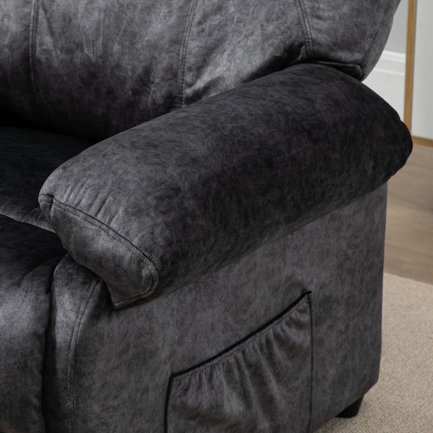 HOMCOM Sillón Relax Reclinable Manual Tapizado en Terciopelo Acolchado Sillón de Relax Descanso con Reposapiés Retráctil y Bolsillos Laterales para Salón Oficina Dormitorio 88x91x108 cm Negro