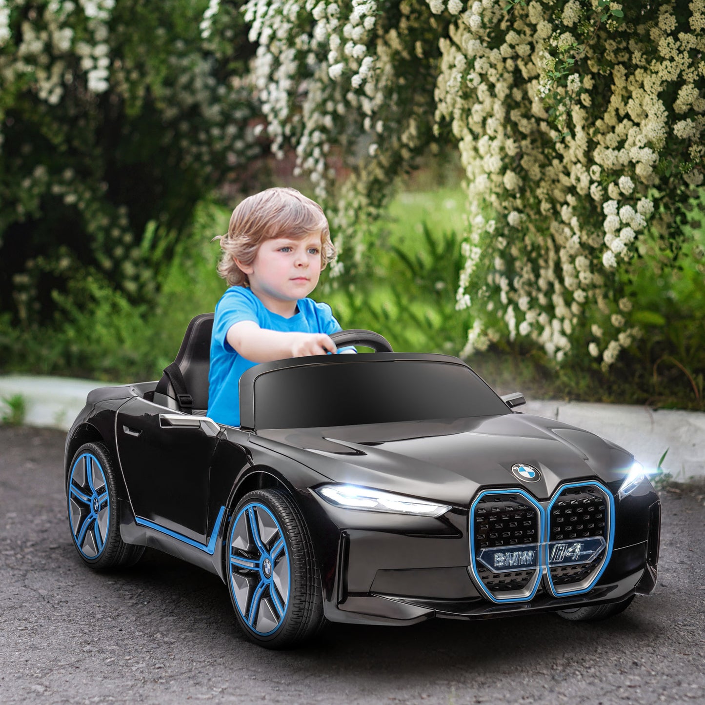 HOMCOM Coche Eléctrico para Niños 37-72 Meses Autorización BMW I4 Coche de Batería 12V con Control Remoto Música MP3 Pantalla Luces y Cinturón de Seguridad 115x67x45 cm Negro