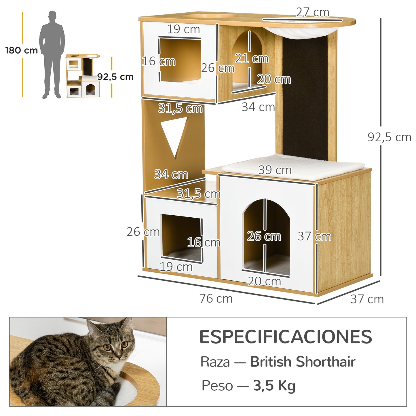 PawHut Árbol Rascador para Gatos Altura 92,5 cm Torre para Gatos con 3 Casetas de Madera Cojines Lavables Tabla de Rascador y Hamaca 76x37x92,5 cm Roble