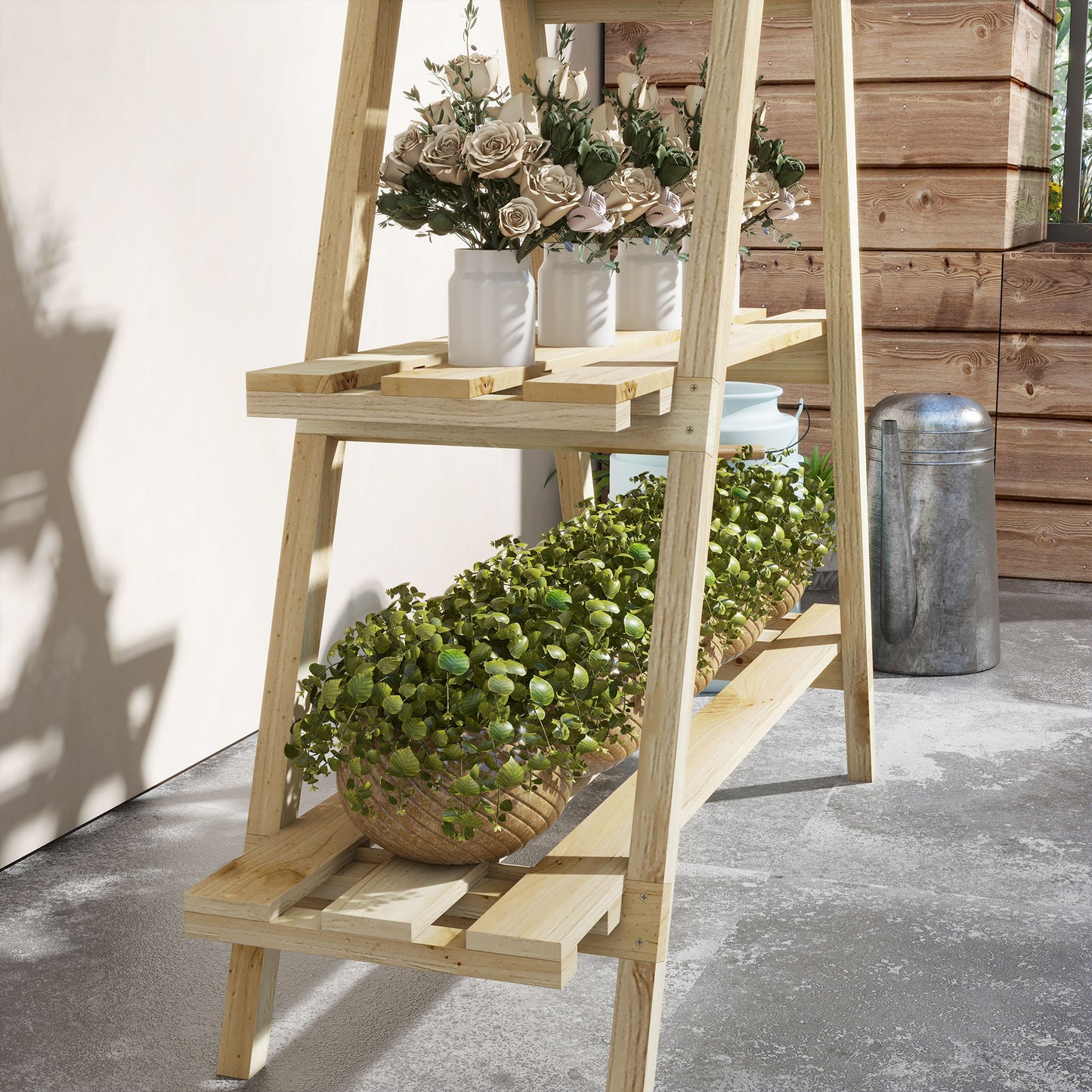 Outsunny Estantería para Plantas Plegable de Madera Soporte para Macetas de 3 Niveles con Marco en A para Exteriores Interiores Salón Jardín Balcón 100x36x112 cm Natural