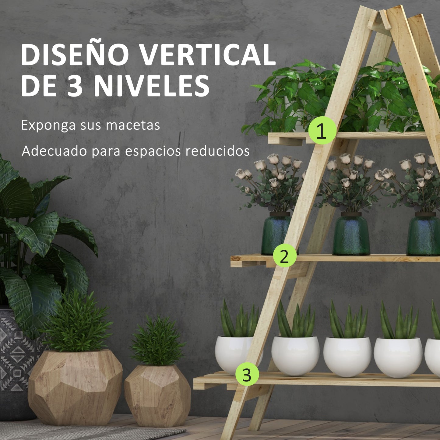 Outsunny Estantería para Plantas Plegable de Madera Soporte para Macetas de 3 Niveles con Marco en A para Exteriores Interiores Salón Jardín Balcón 100x36x112 cm Natural