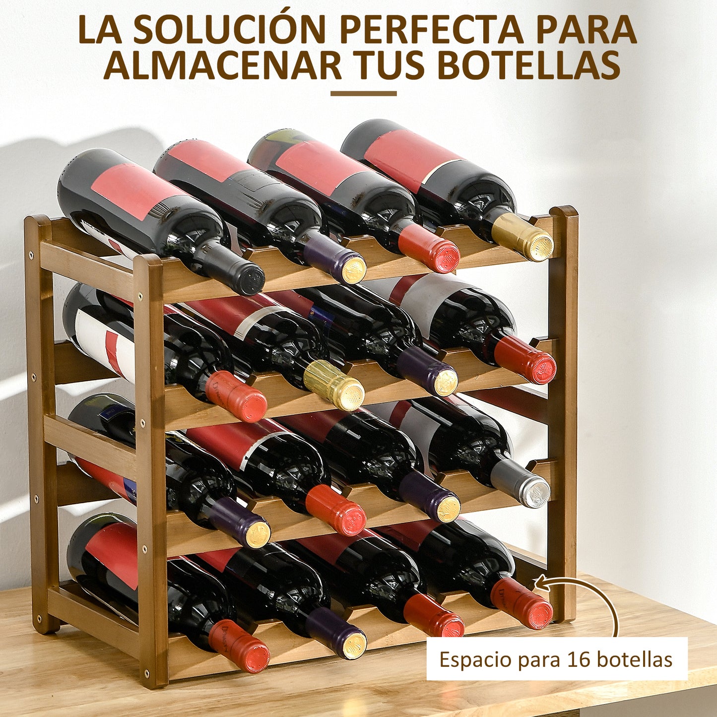 HOMCOM Botellero de Bambú para 16 Botellas Estantería de Vino de 4 Niveles Soporte para Botellas de Mesa para Cocina Comedor Bar Carga 75 kg 43x23,5x38 cm Marrón