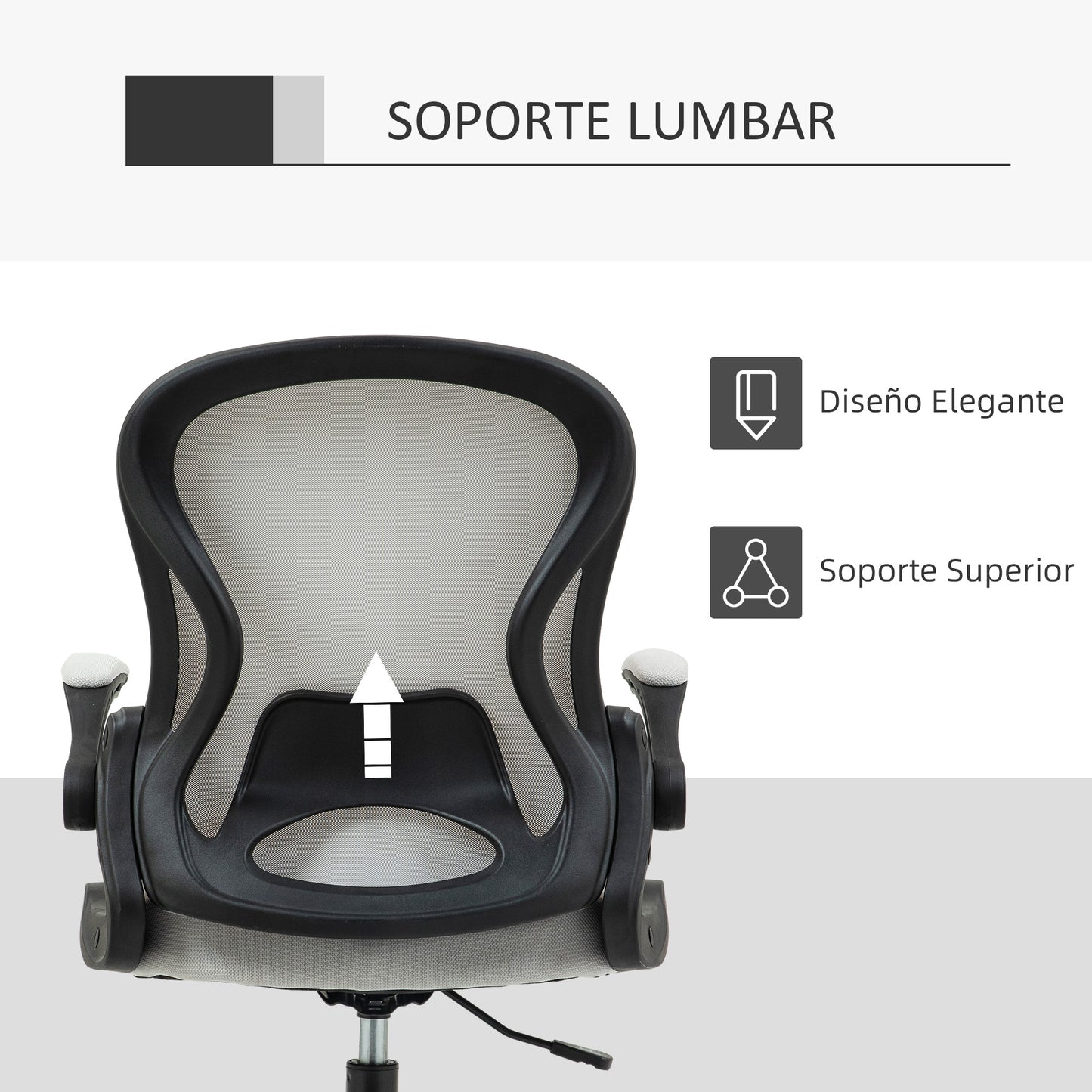 Vinsetto Silla de Dibujo Giratoria Silla de Escritorio Silla Alta con Respaldo Medio Soporte Lumbar Reposabrazos Abatibles Altura Ajustable Carga 120 kg 59x65x102-122 cm Gris Claro