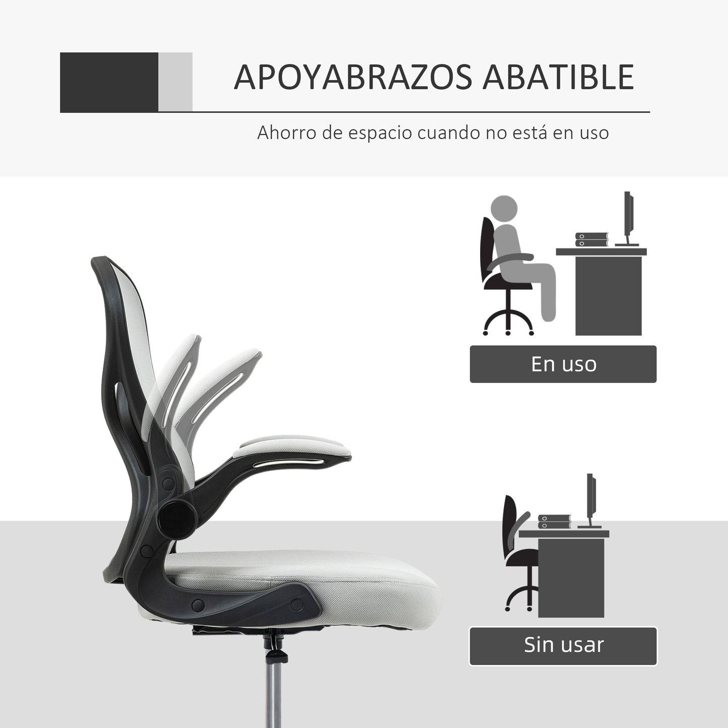 Vinsetto Silla de Dibujo Giratoria Silla de Escritorio Silla Alta con Respaldo Medio Soporte Lumbar Reposabrazos Abatibles Altura Ajustable Carga 120 kg 59x65x102-122 cm Gris Claro