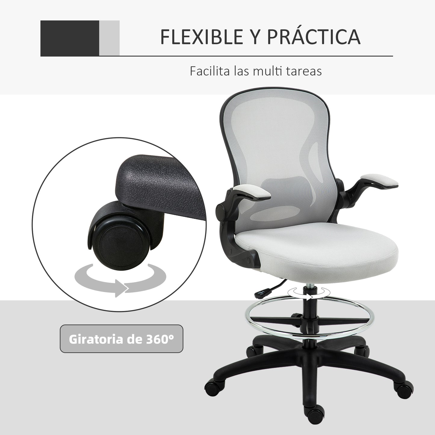 Vinsetto Silla de Dibujo Giratoria Silla de Escritorio Silla Alta con Respaldo Medio Soporte Lumbar Reposabrazos Abatibles Altura Ajustable Carga 120 kg 59x65x102-122 cm Gris Claro