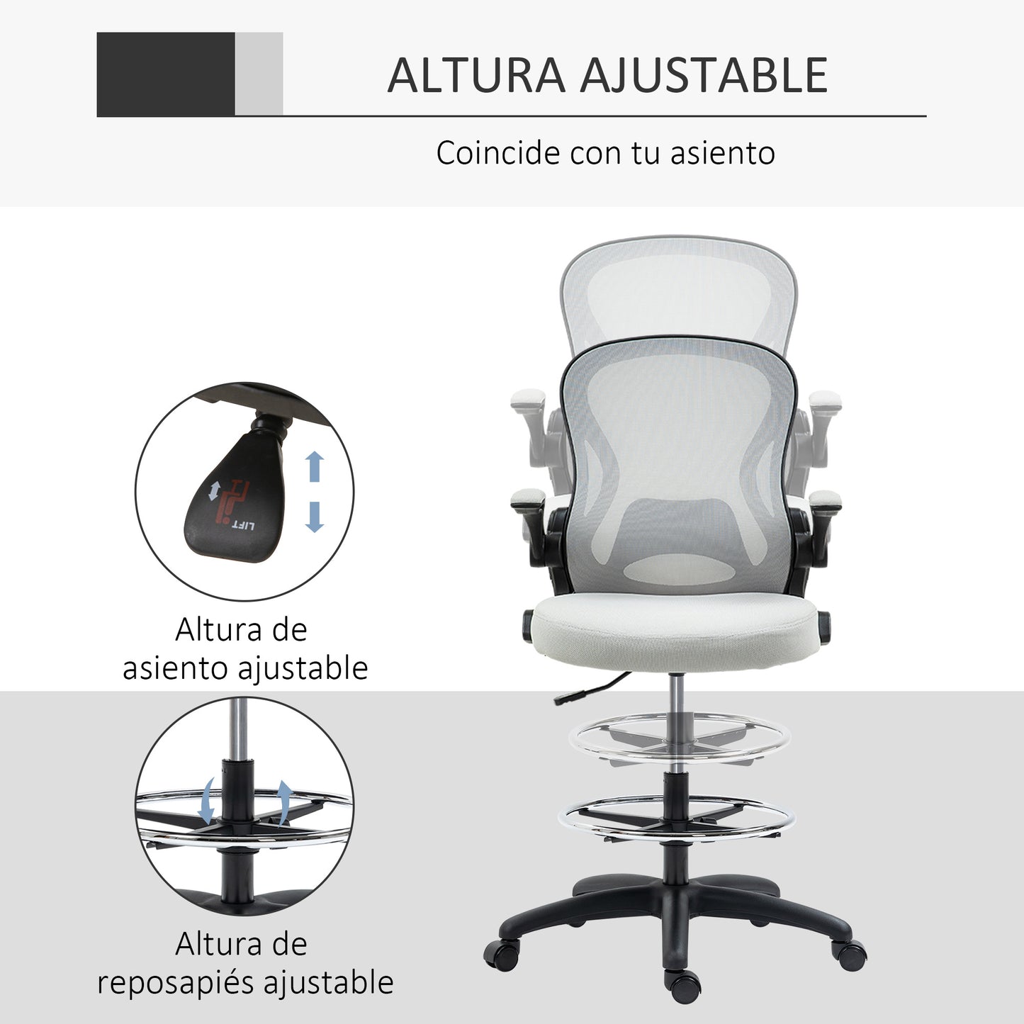 Vinsetto Silla de Dibujo Giratoria Silla de Escritorio Silla Alta con Respaldo Medio Soporte Lumbar Reposabrazos Abatibles Altura Ajustable Carga 120 kg 59x65x102-122 cm Gris Claro