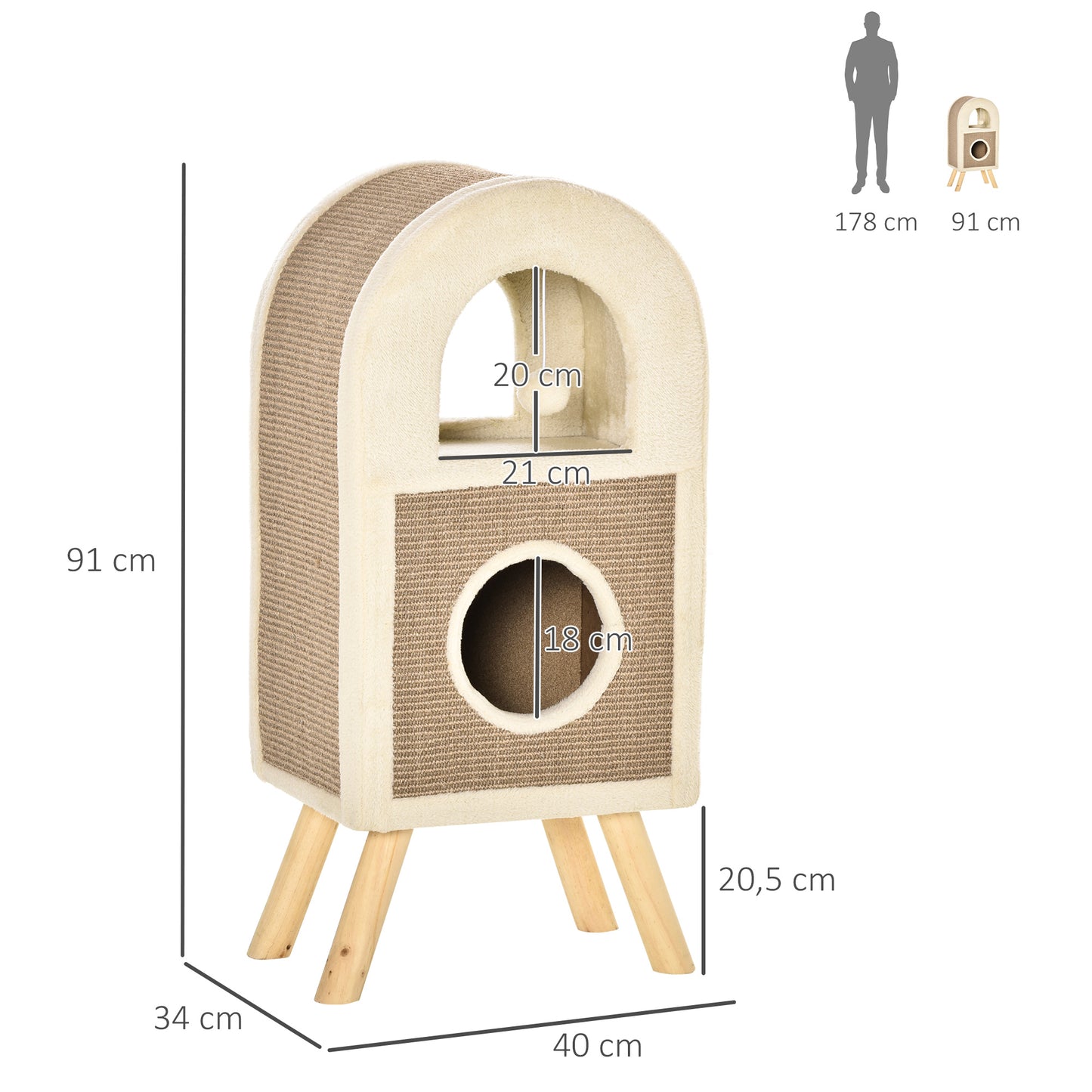 PawHut Árbol Rascador para Gatos de 2 Niveles con Cueva de Sisal Natural y Felpa Puerta Arqueada Bola de Juguete y 4 Patas Elevadas de Madera 40x34x91 cm Café