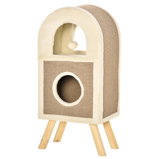 PawHut Árbol Rascador para Gatos de 2 Niveles con Cueva de Sisal Natural y Felpa Puerta Arqueada Bola de Juguete y 4 Patas Elevadas de Madera 40x34x91 cm Café