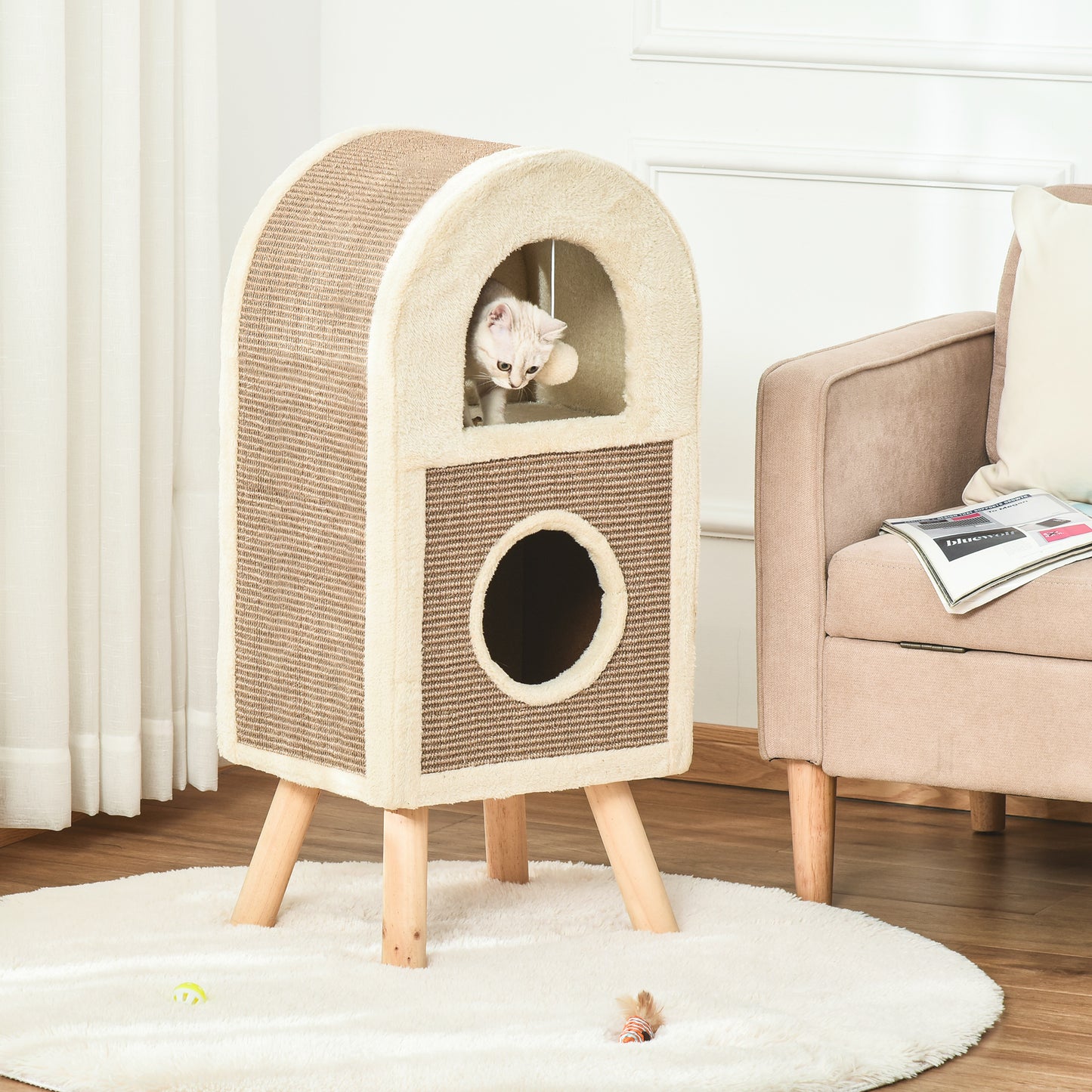 PawHut Árbol Rascador para Gatos de 2 Niveles con Cueva de Sisal Natural y Felpa Puerta Arqueada Bola de Juguete y 4 Patas Elevadas de Madera 40x34x91 cm Café