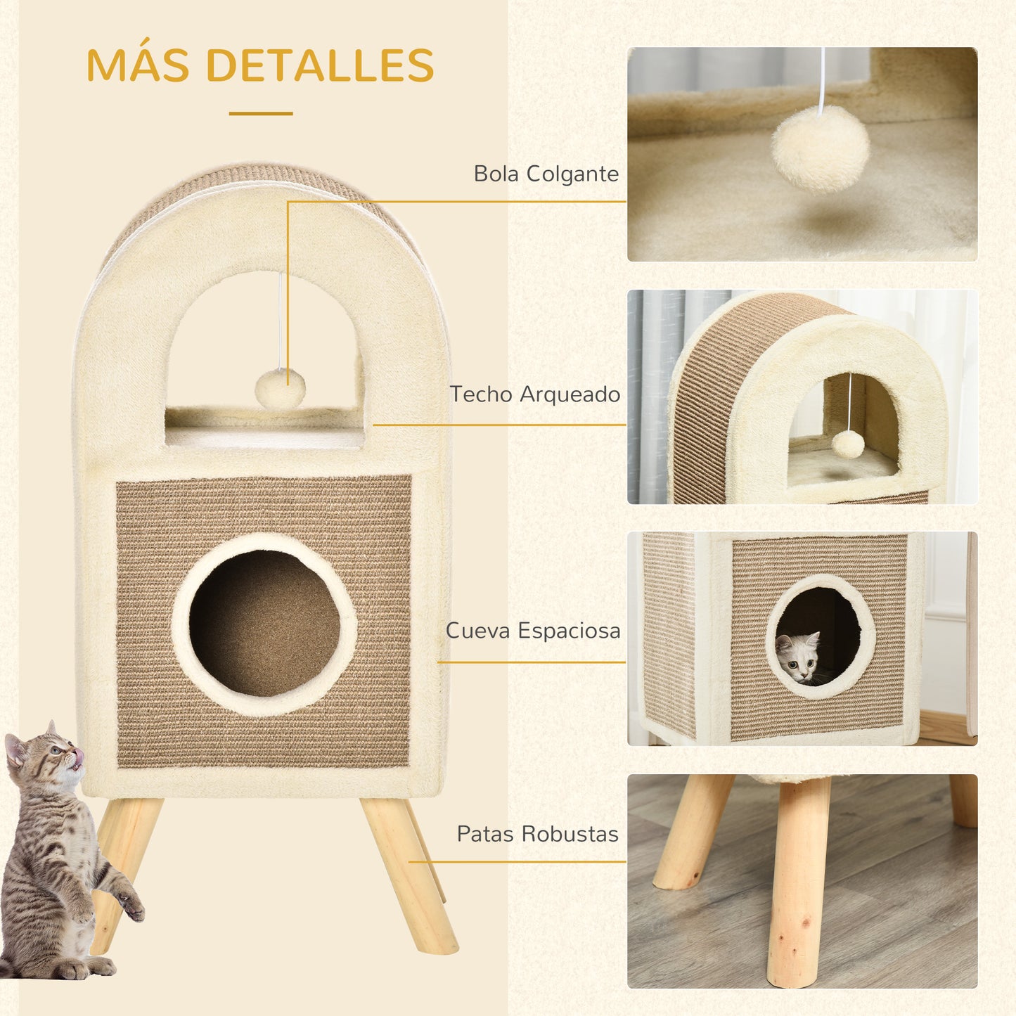 PawHut Árbol Rascador para Gatos de 2 Niveles con Cueva de Sisal Natural y Felpa Puerta Arqueada Bola de Juguete y 4 Patas Elevadas de Madera 40x34x91 cm Café