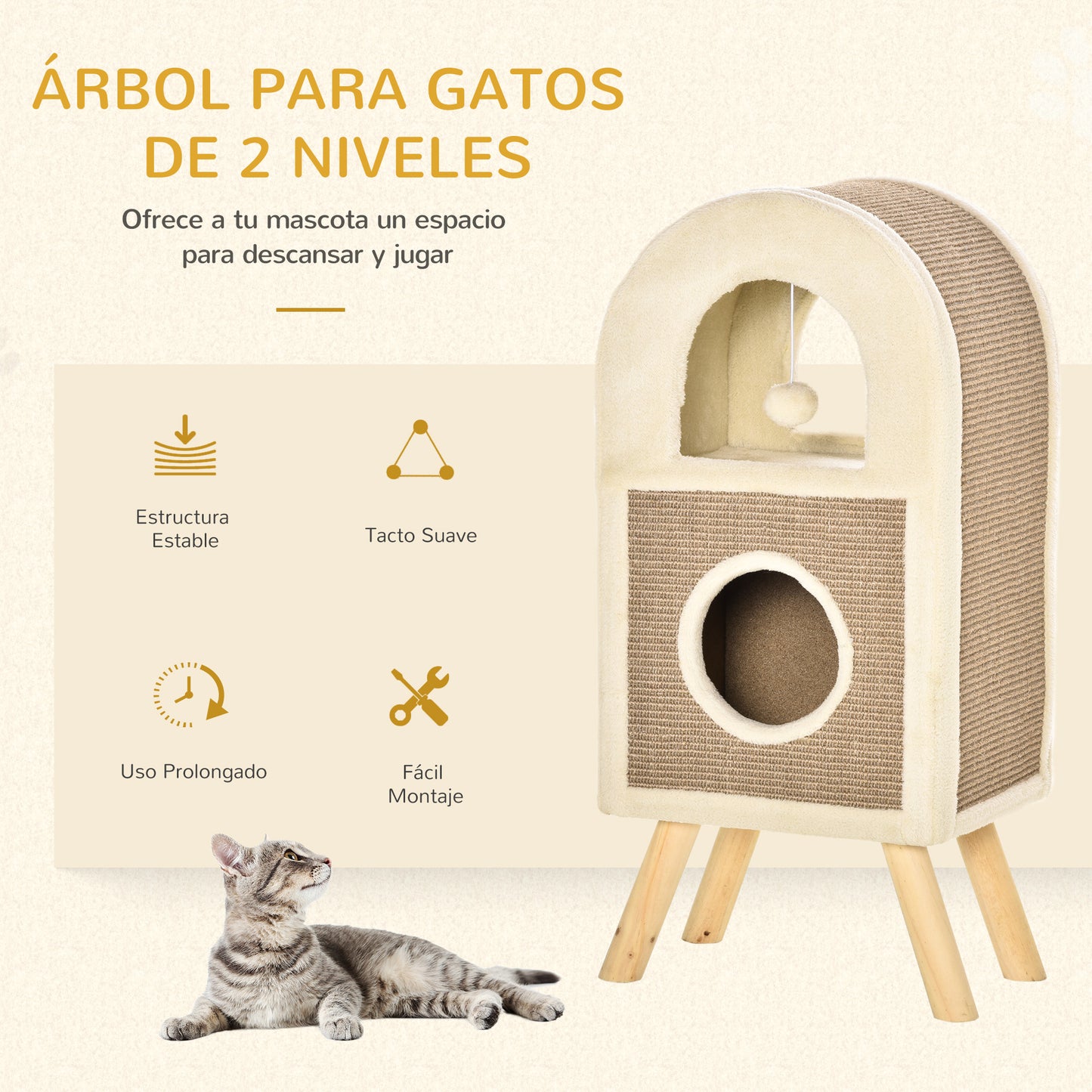 PawHut Árbol Rascador para Gatos de 2 Niveles con Cueva de Sisal Natural y Felpa Puerta Arqueada Bola de Juguete y 4 Patas Elevadas de Madera 40x34x91 cm Café