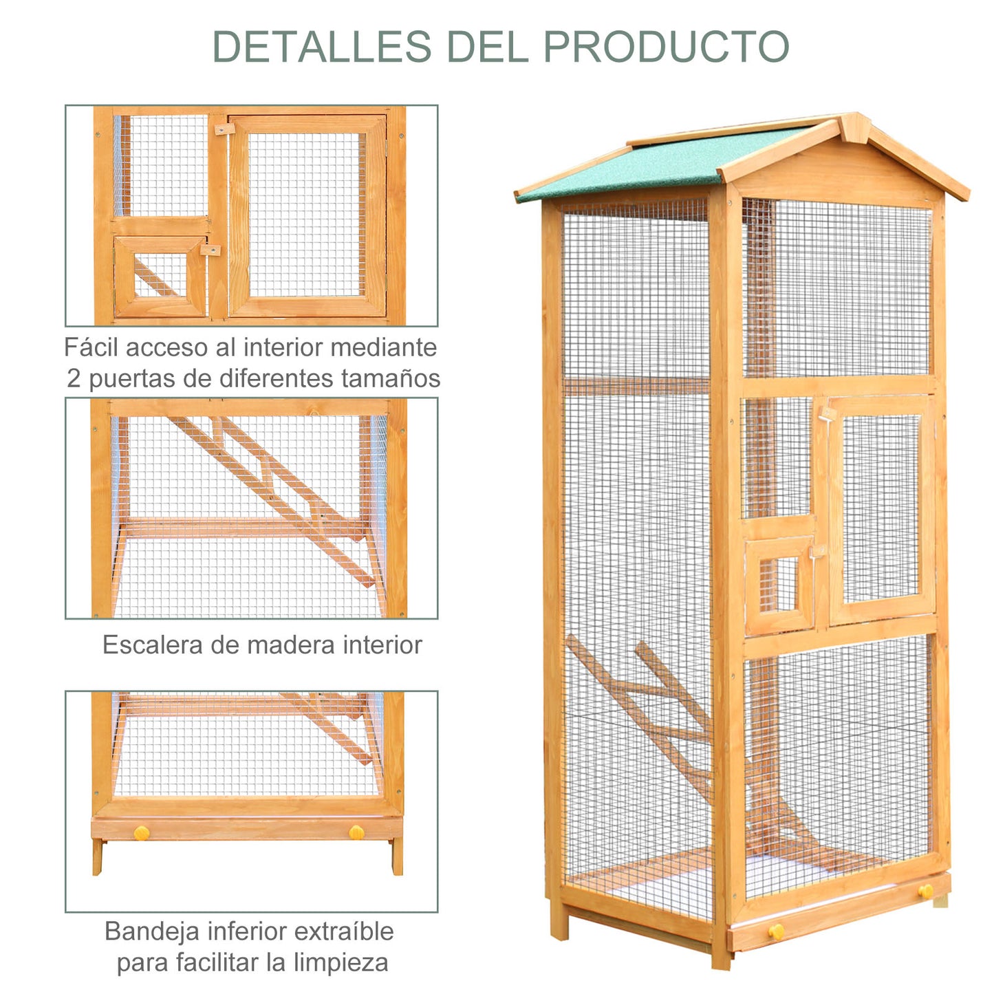 PawHut Jaula para Pájaros Grande 68x63x165 cm Pajarera de Madera de Abeto con 2 Puertas Bandeja Extraíble y Techo Asfáltico Madera