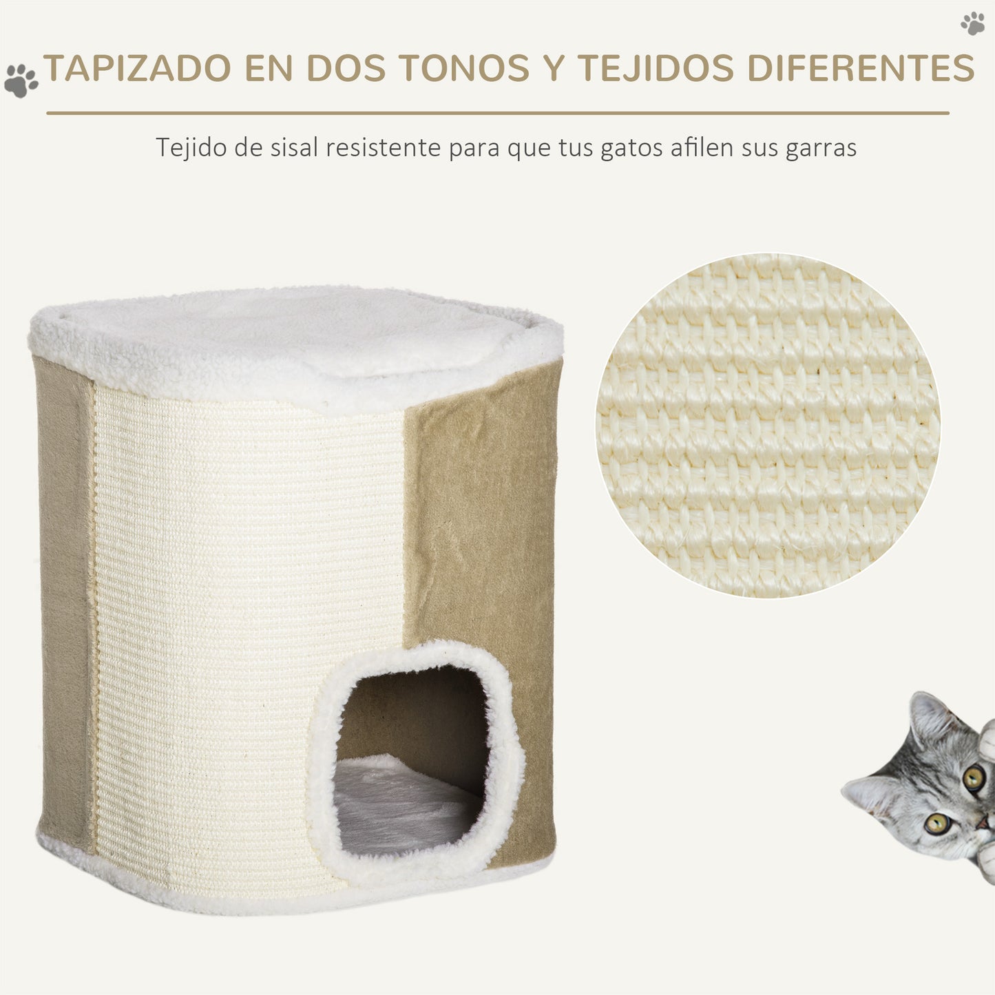 PawHut Barril Rascador para Gatos de 2 Niveles con Cuevas de Sisal Felpa Suave y Plataforma de Vellón 40x40x49 cm Beige