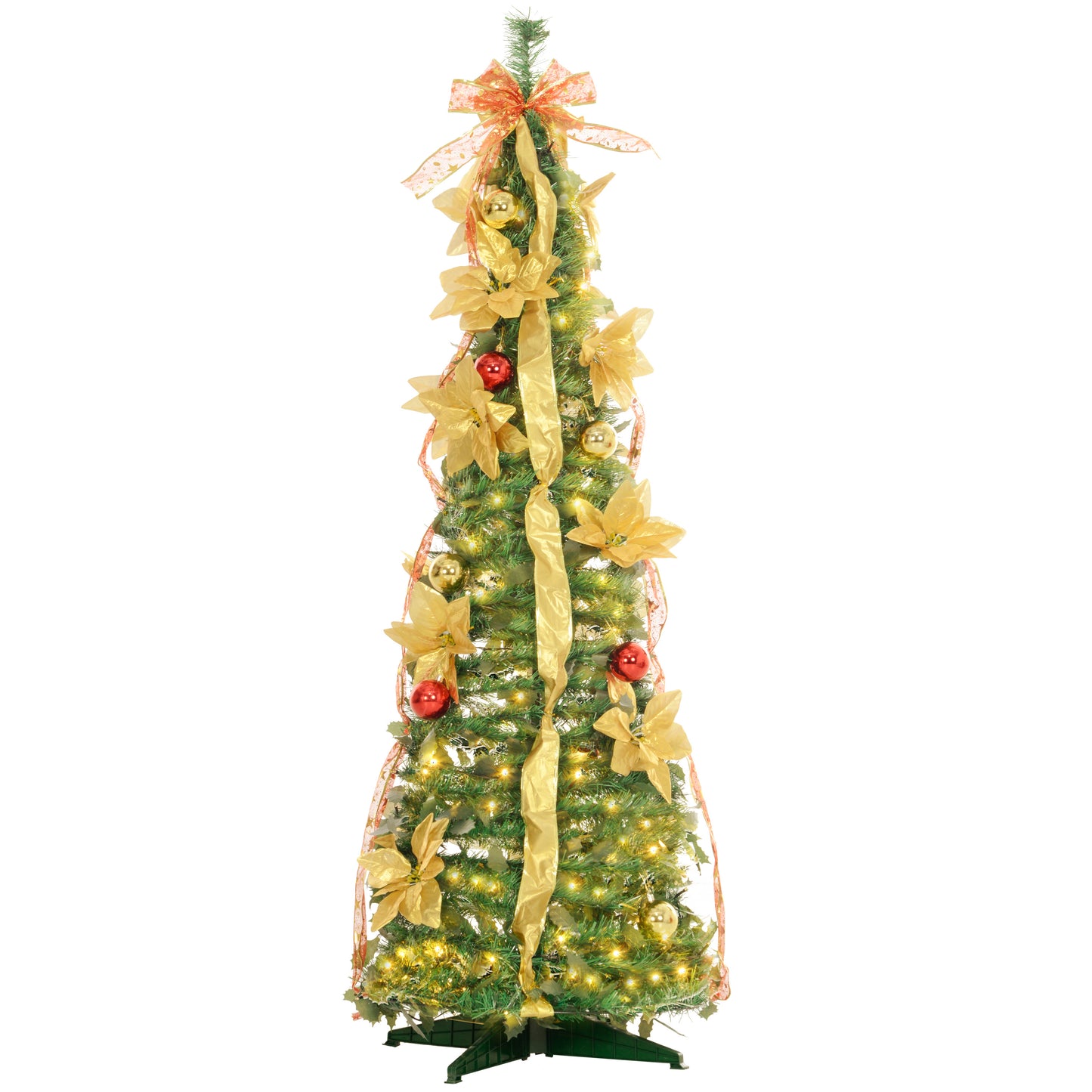 HOMCOM Árbol de Navidad 150 cm Árbol de Navidad con Luces LED Árbol de Navidad Artificial Plegable con Adornos Pre-instalados Árbol Navideño para Interior Verde