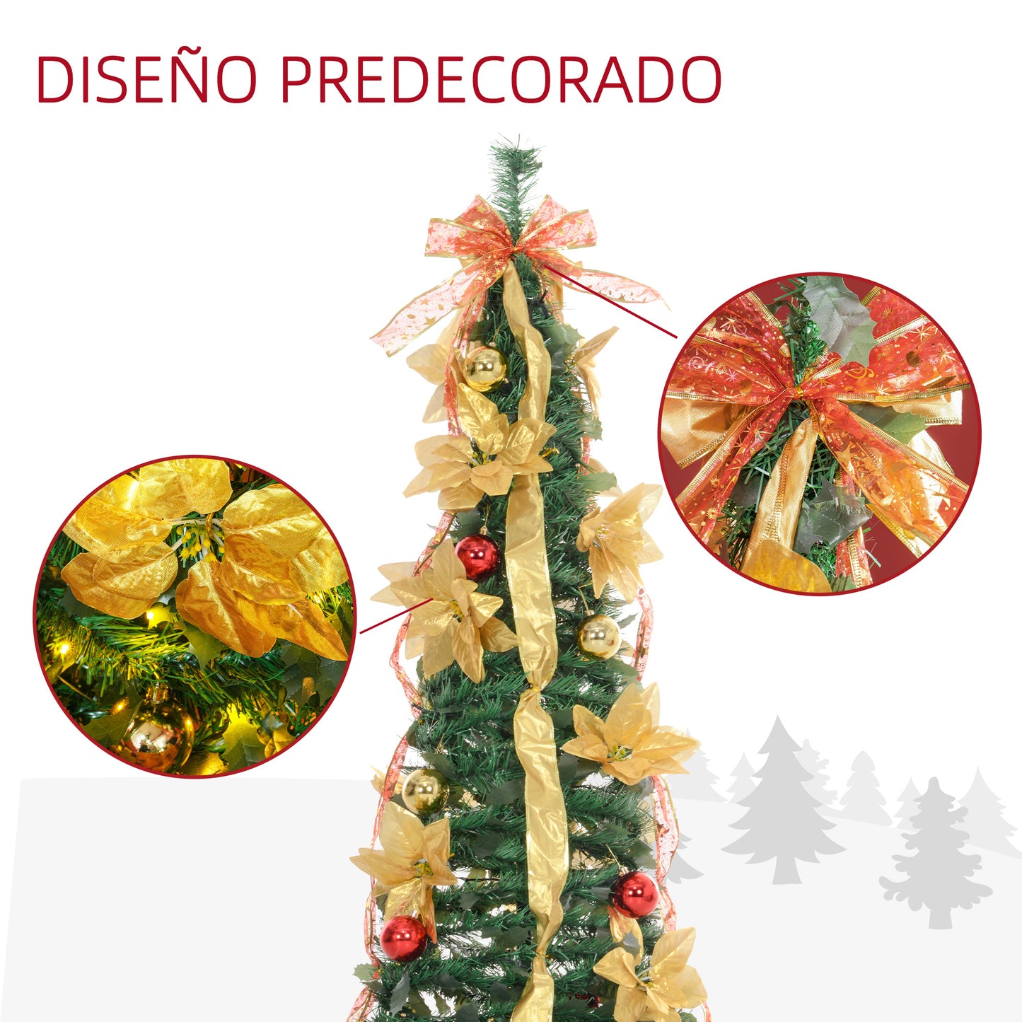 HOMCOM Árbol de Navidad 150 cm Árbol de Navidad con Luces LED Árbol de Navidad Artificial Plegable con Adornos Pre-instalados Árbol Navideño para Interior Verde