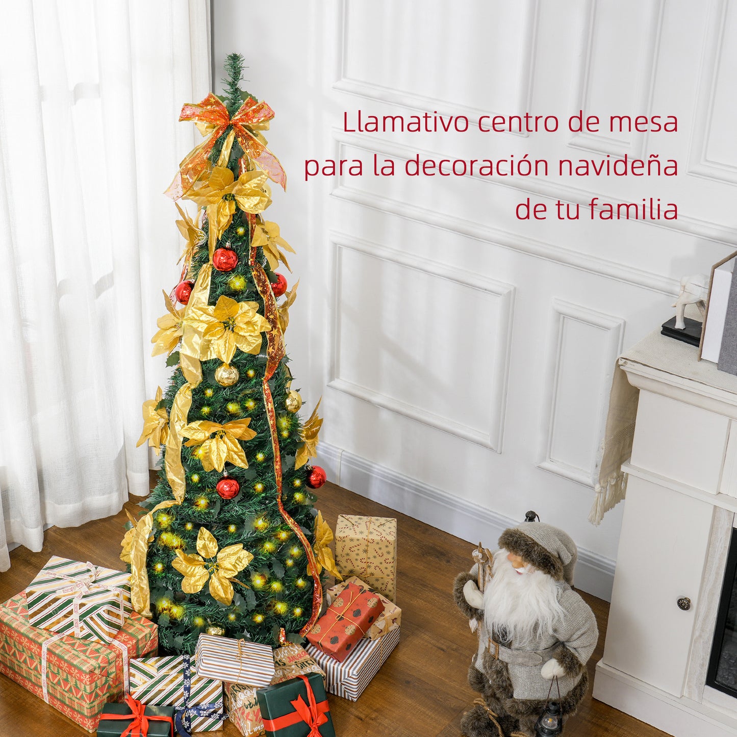 HOMCOM Árbol de Navidad 150 cm Árbol de Navidad con Luces LED Árbol de Navidad Artificial Plegable con Adornos Pre-instalados Árbol Navideño para Interior Verde