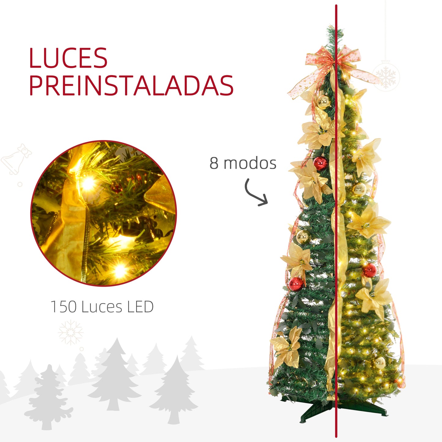 HOMCOM Árbol de Navidad 150 cm Árbol de Navidad con Luces LED Árbol de Navidad Artificial Plegable con Adornos Pre-instalados Árbol Navideño para Interior Verde