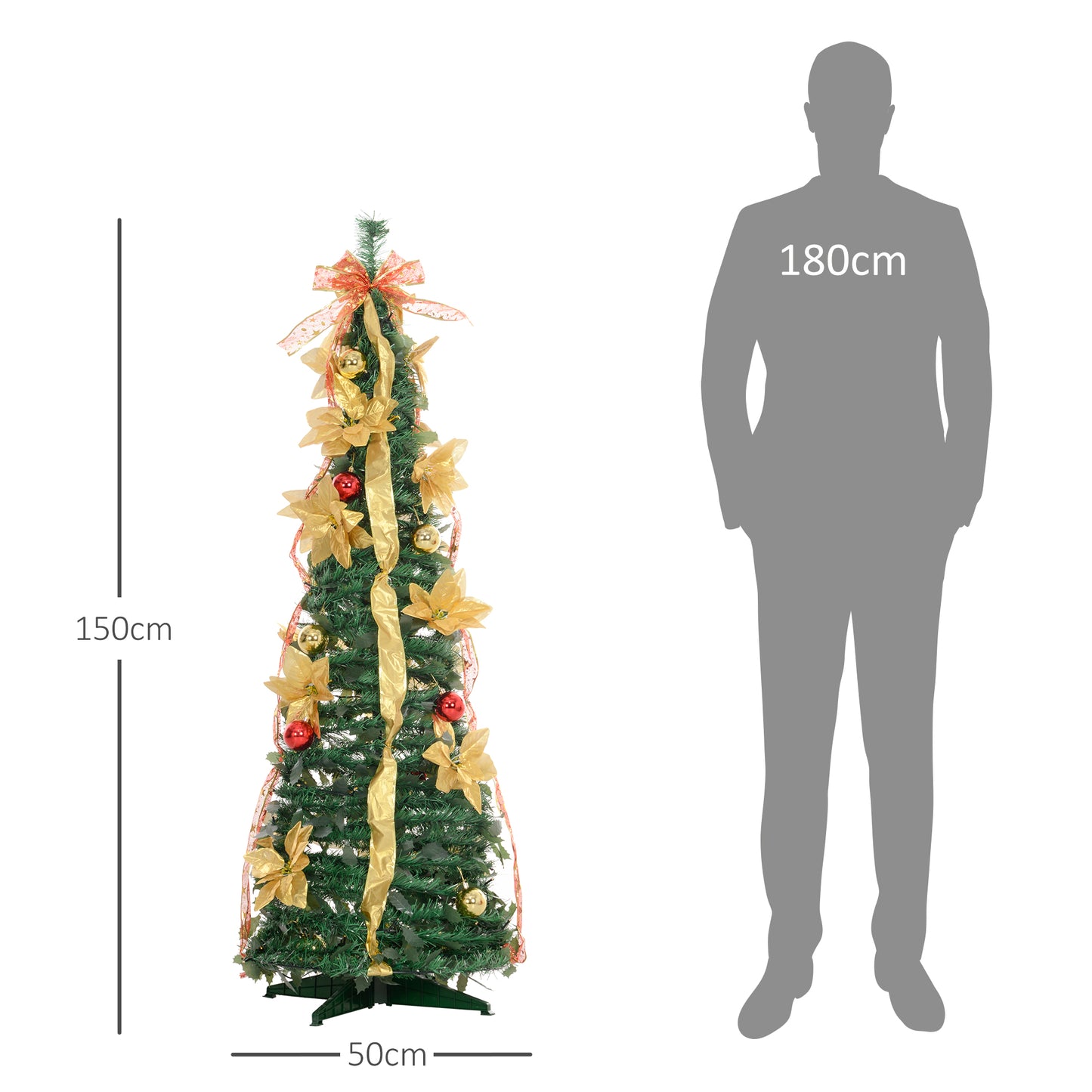 HOMCOM Árbol de Navidad 150 cm Árbol de Navidad con Luces LED Árbol de Navidad Artificial Plegable con Adornos Pre-instalados Árbol Navideño para Interior Verde