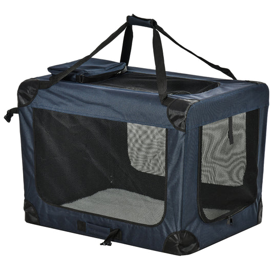 PawHut Transportín Perro Gato Bolsa de Transporte Portátil y Transpirable para Mascotas Plegable con Cojín 3 Puertas y Ventana de Malla 2 Bolsillos 80,5x57x57 cm Azul Oscuro