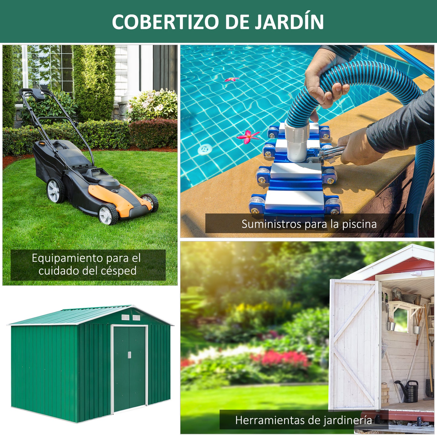 Outsunny Caseta de Jardín de Exterior Cobertizo de Jardín 4,9 m² 277x195x192 cm con 2 Puertas Corredizas Base Refuerzo (Suelo NO Incluido) para Patio Terraza Verde Oscuro