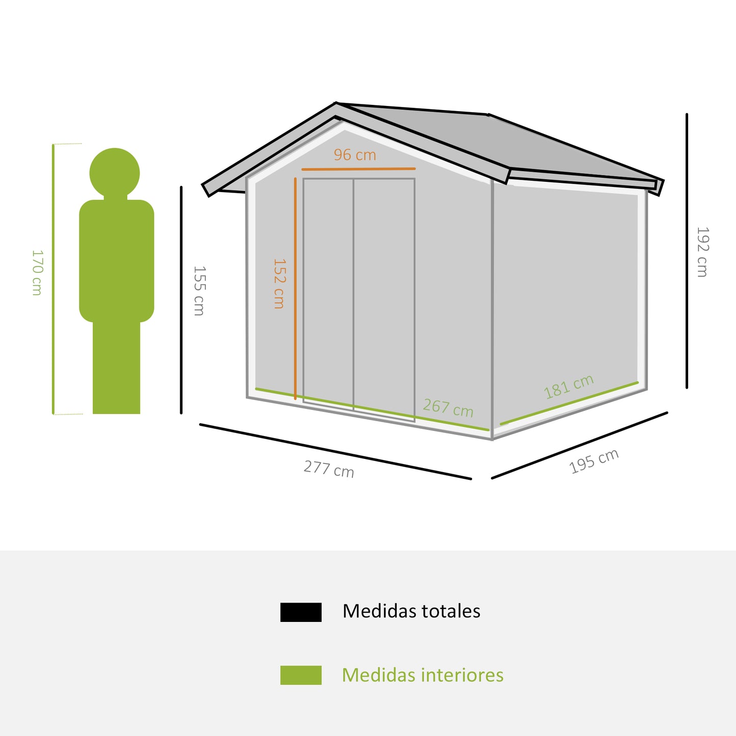 Outsunny Caseta de Jardín de Exterior Cobertizo de Jardín 4,9 m² 277x195x192 cm con 2 Puertas Corredizas Base Refuerzo (Suelo NO Incluido) para Patio Terraza Verde Oscuro