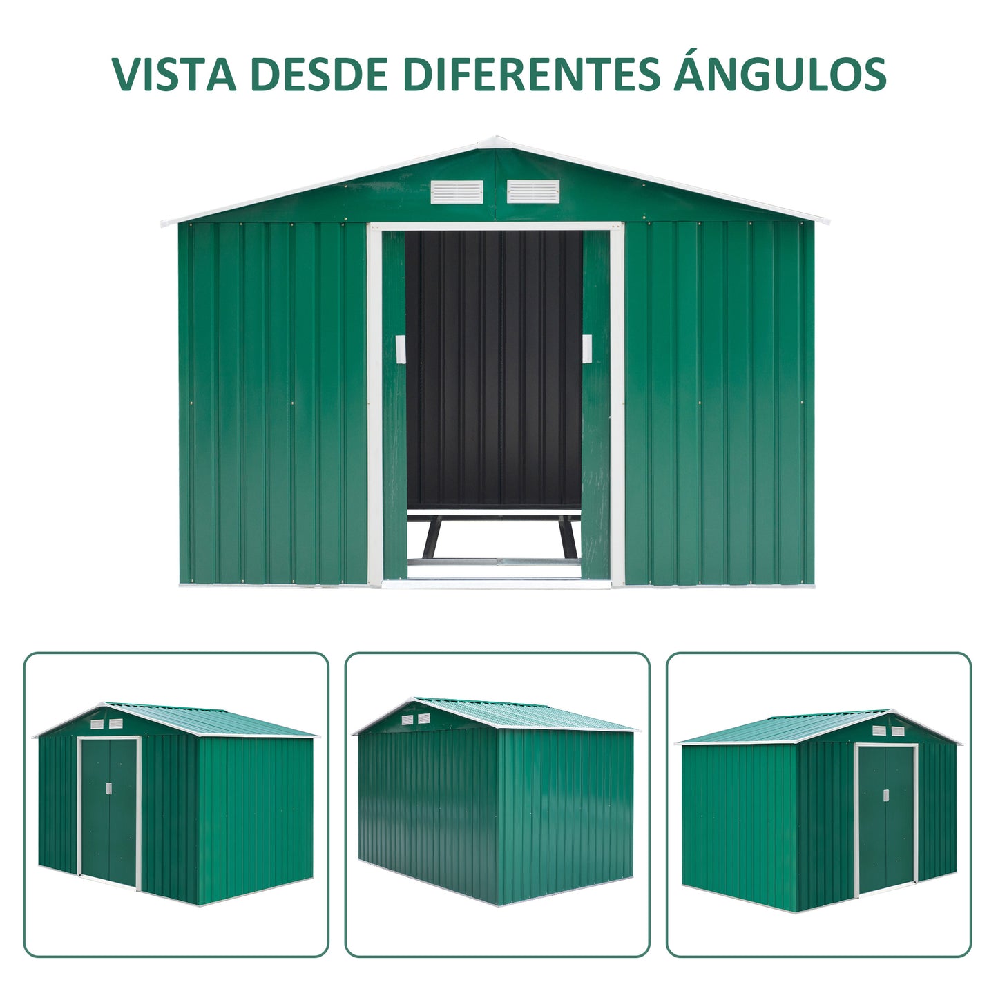 Outsunny Caseta de Jardín de Exterior Cobertizo de Jardín 4,9 m² 277x195x192 cm con 2 Puertas Corredizas Base Refuerzo (Suelo NO Incluido) para Patio Terraza Verde Oscuro