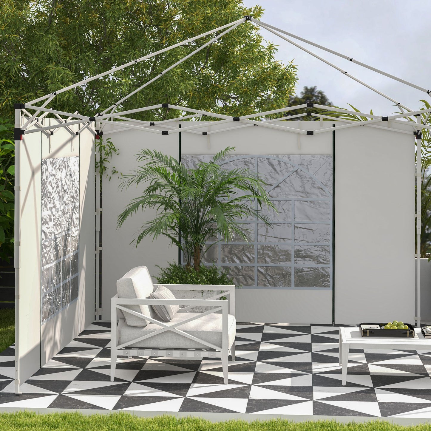 Outsunny Paredes Laterales para Carpa de 2 Paneles 295x195 cm Cortina Lateral de Tela Oxford con Ventana Enrollable y Puerta con Cremallera para Carpa 3x3 m o 3x6 m Blanco