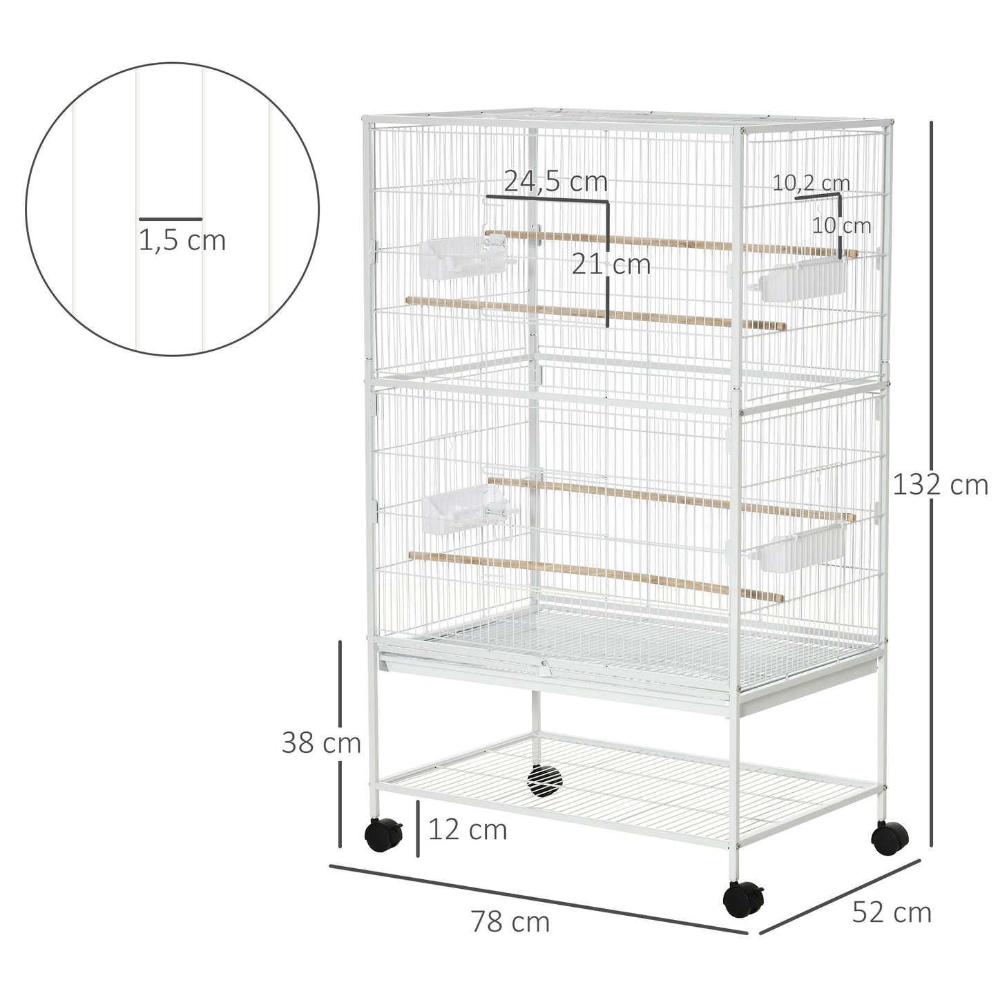 PawHut Jaula para Pájaros con Ruedas Pajarera Metálica con Bandeja Extraíble 4 Puertas 4 Comederos 4 Perchas y Estante de Almacenaje Jaula para Canarios Periquitos 78x52x132 cm Blanco