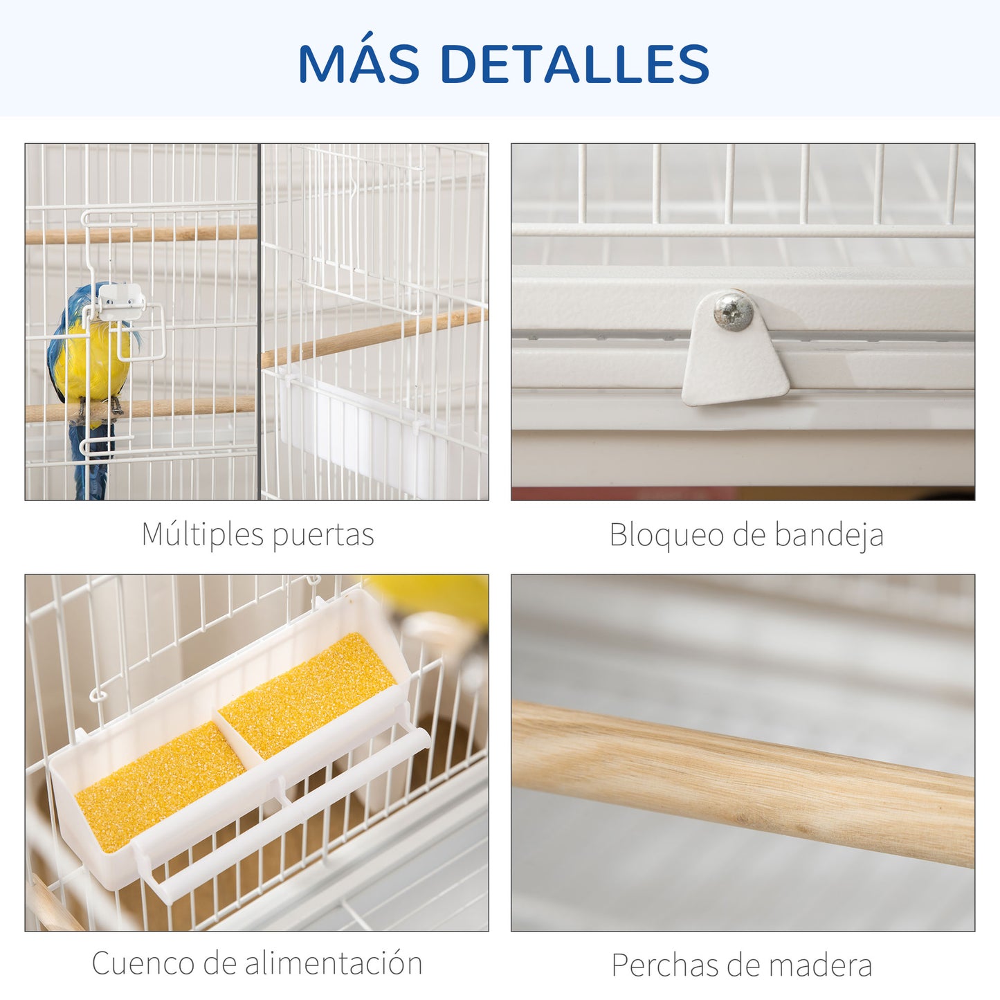 PawHut Jaula para Pájaros con Ruedas Pajarera Metálica con Bandeja Extraíble 4 Puertas 4 Comederos 4 Perchas y Estante de Almacenaje Jaula para Canarios Periquitos 78x52x132 cm Blanco