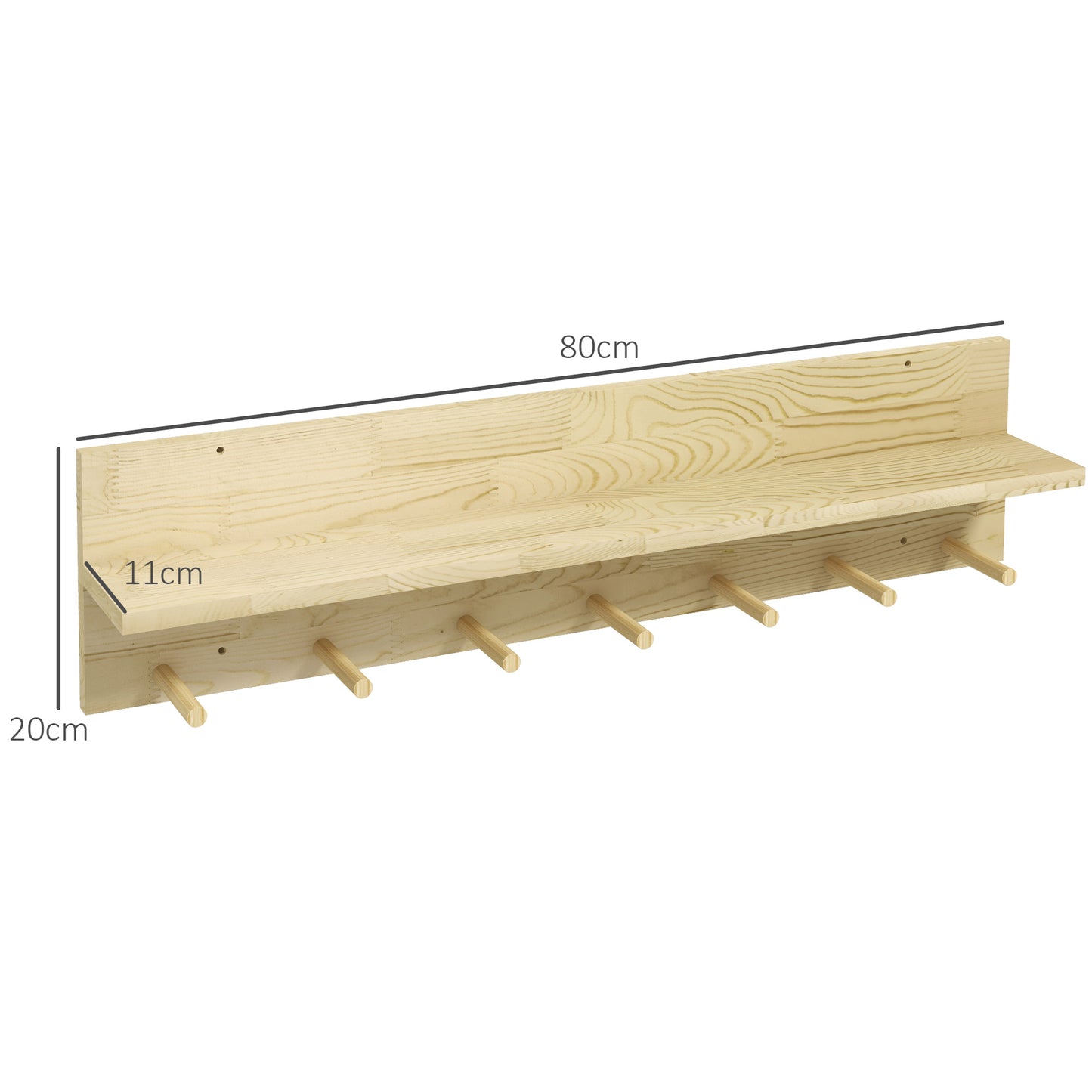 HOMCOM Estante de Pared de Madera Estante Flotante Repisas de Pared con 7 Ganchos para Entrada Pasillo Dormitorio 80x12x20 cm Natural