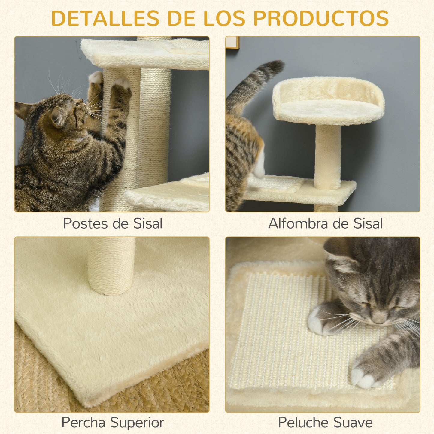 PawHut Árbol para Gato Rascador Grande 50x50x100 cm con Poste para Arañar Cama Plataformas con Manta de Sisal Terciopelo Beige