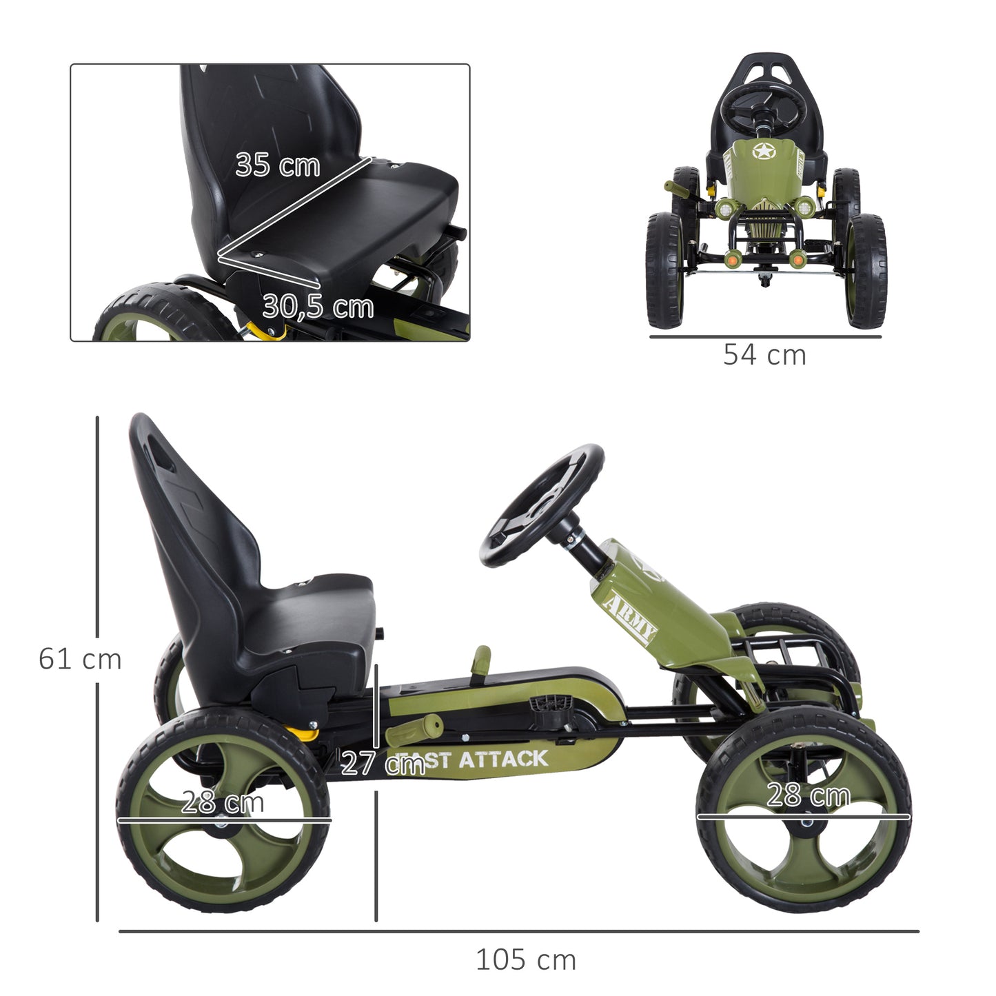 HOMCOM Go-Kart a Pedales para Niños de +3 Años Coche de Pedales con Embrague Freno Asiento Ajustable Carga Máx. 35 kg 105x54x61 cm Verde