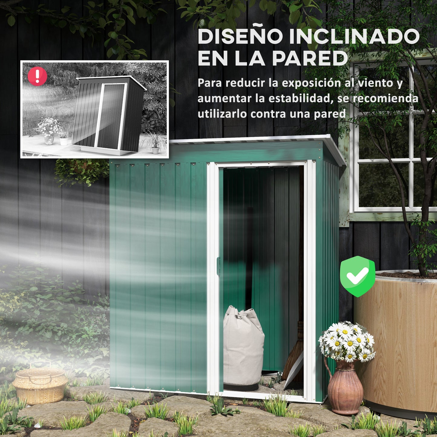 Outsunny Caseta de Jardín Exterior 1,16 m² 163x89x182 cm Cobertizo de Jardín Exterior con Puerta Corredera y Techo Inclinado Armario para Jardín Terraza Patio Verde