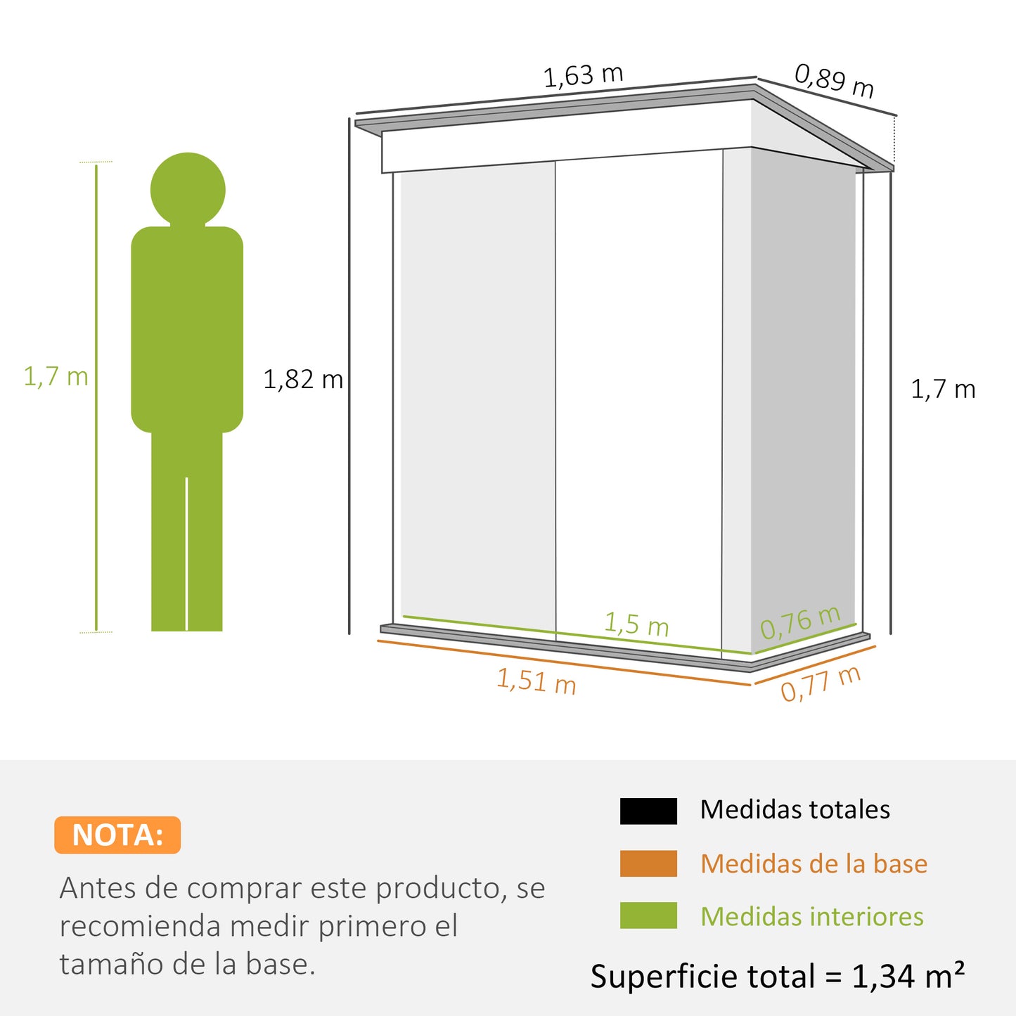 Outsunny Caseta de Jardín Exterior 1,16 m² 163x89x182 cm Cobertizo de Jardín Exterior con Puerta Corredera y Techo Inclinado Armario para Jardín Terraza Patio Verde