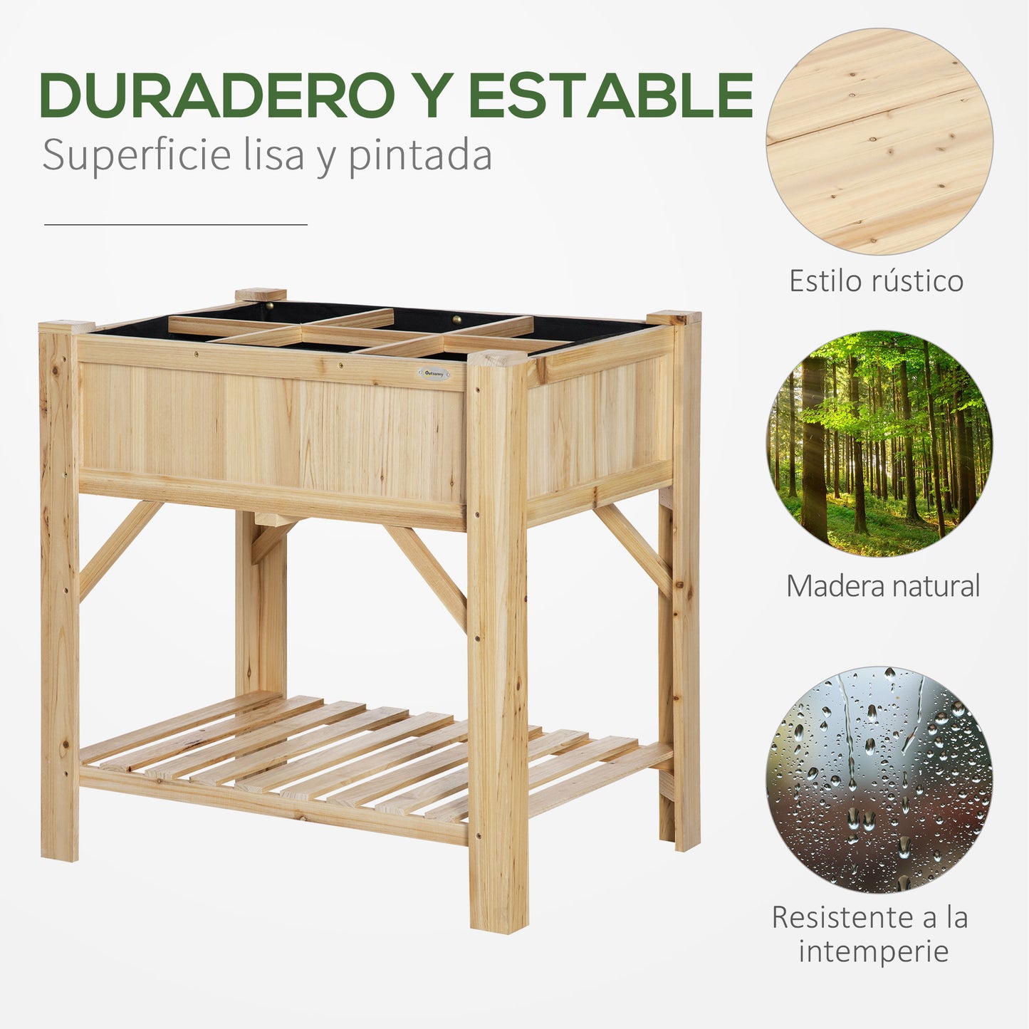 Outsunny Huerto Urbano de Madera 78,5x58x81 cm Mesa de Cultivo con 6 Compartimentos y Estante Inferior para Plantas Flores en Jardín Terraza Exterior Color Natural