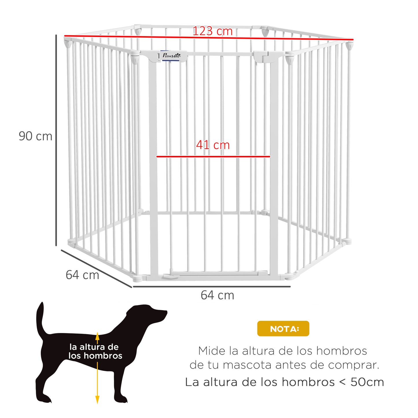 PawHut Parque para Perros de 6 Paneles Corralito para Mascotas Plegable de Acero con Doble Cerradura Función de Bloqueo Auxiliar y Forma de Bricolaje para Pasillos Escaleras 123x102x90 cm Blanco