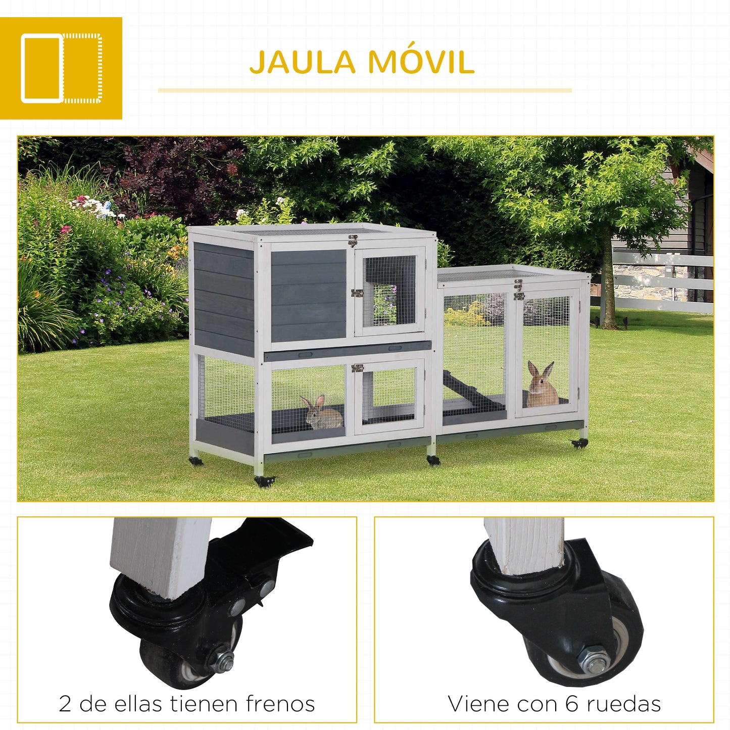 PawHut Conejera de Madera con Ruedas 147x45,5x88,5 cm Jaula para Conejos de 2 Niveles con Techo Abrible 2 Corrales de Metal 3 Bandejas Extraíbles 3 Puertas con Pestillo y Rampa Gris