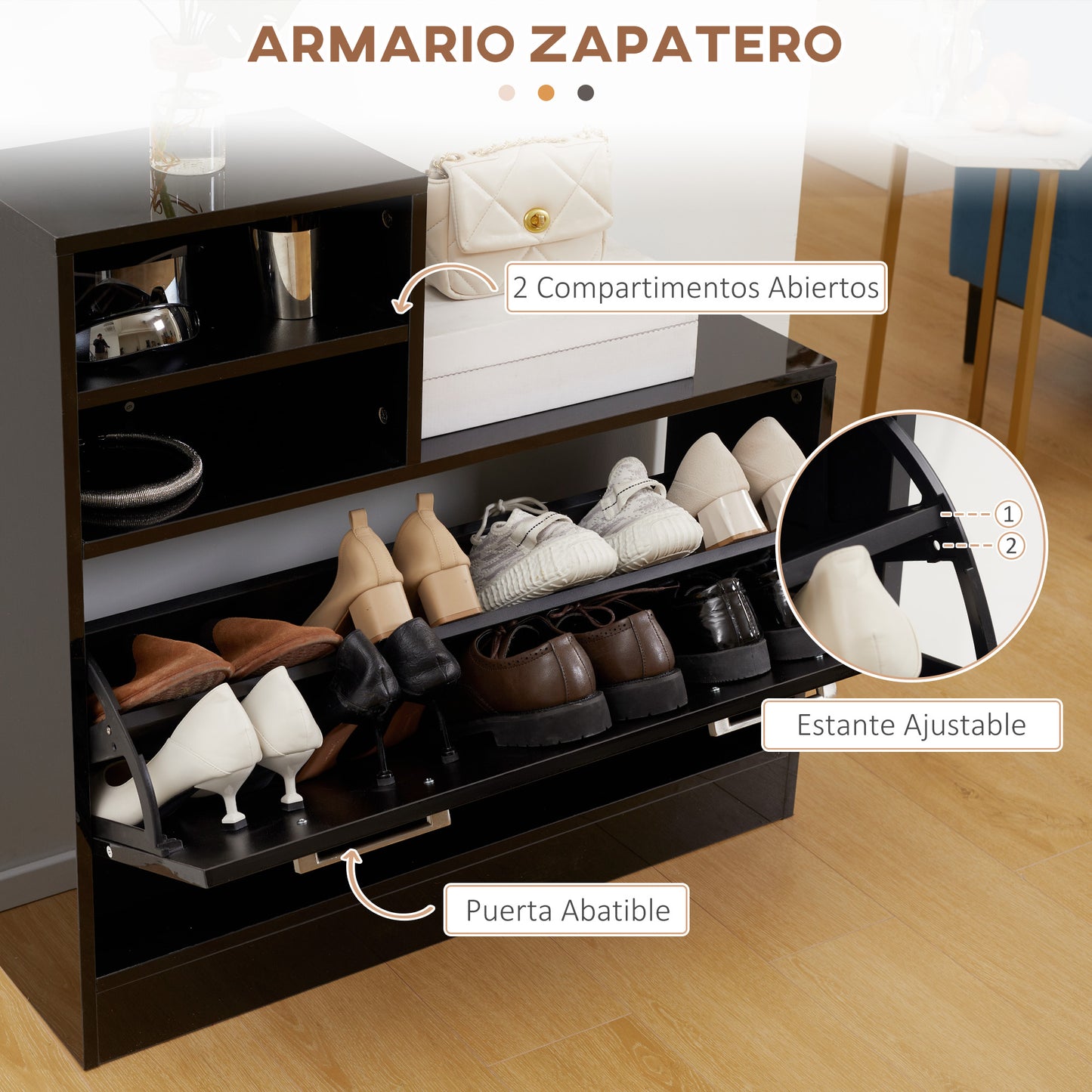 HOMCOM Conjunto de Recibidor de Entrada con Espejo Perchero y Zapatero Muebles de Entrada con 6 Ganchos y Estantes para 8 Pares de Zapatos para Pasillo Negro Brillante