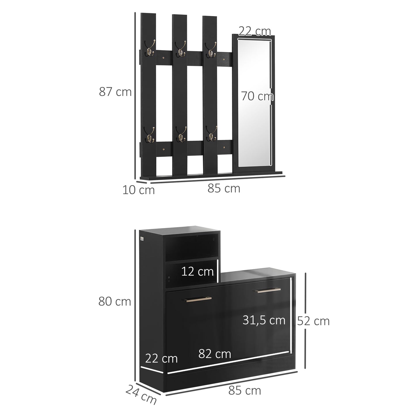 HOMCOM Conjunto de Recibidor de Entrada con Espejo Perchero y Zapatero Muebles de Entrada con 6 Ganchos y Estantes para 8 Pares de Zapatos para Pasillo Negro Brillante