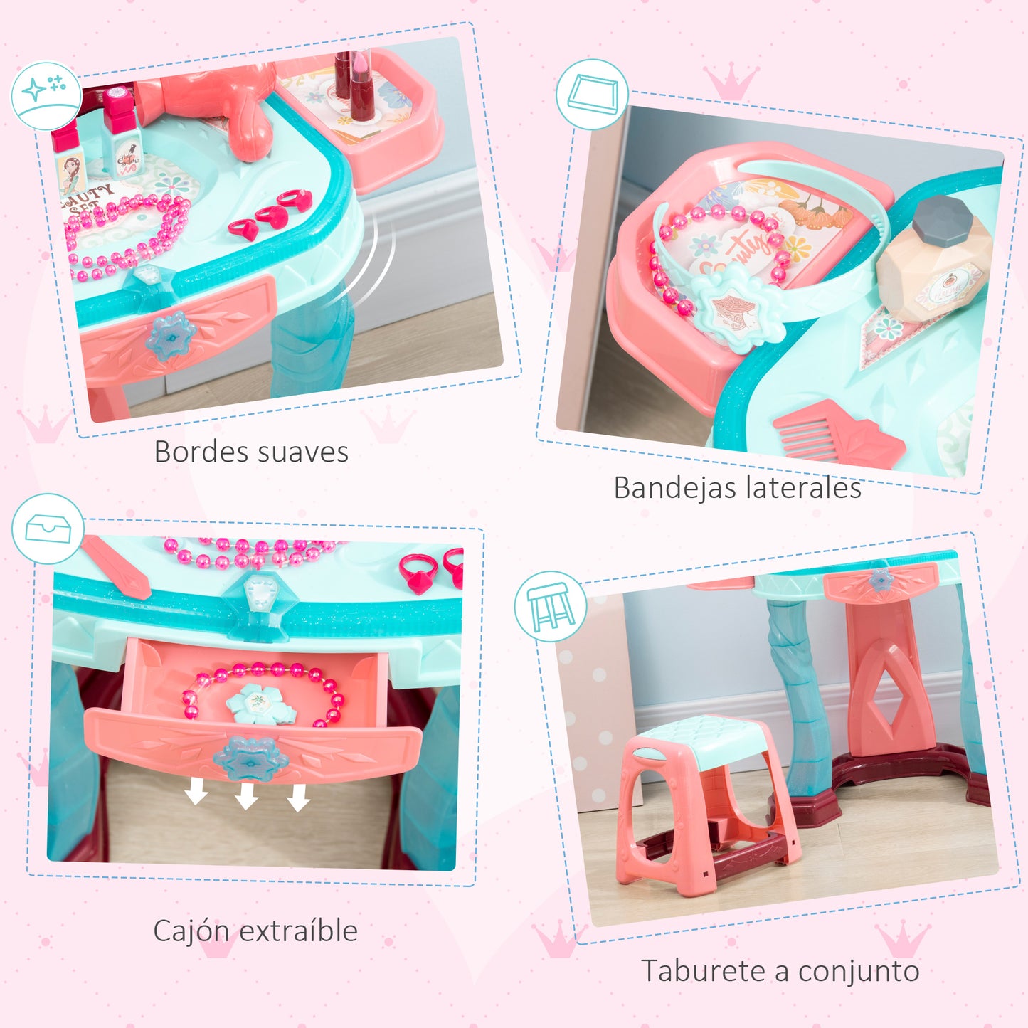 AIYAPLAY Tocador de Juguete para Niñas de +3 Años con Taburete Espejo Luz Música y Secador Incluye 31 Accesorios Tocador de Maquillaje 57x34x76 cm Multicolor